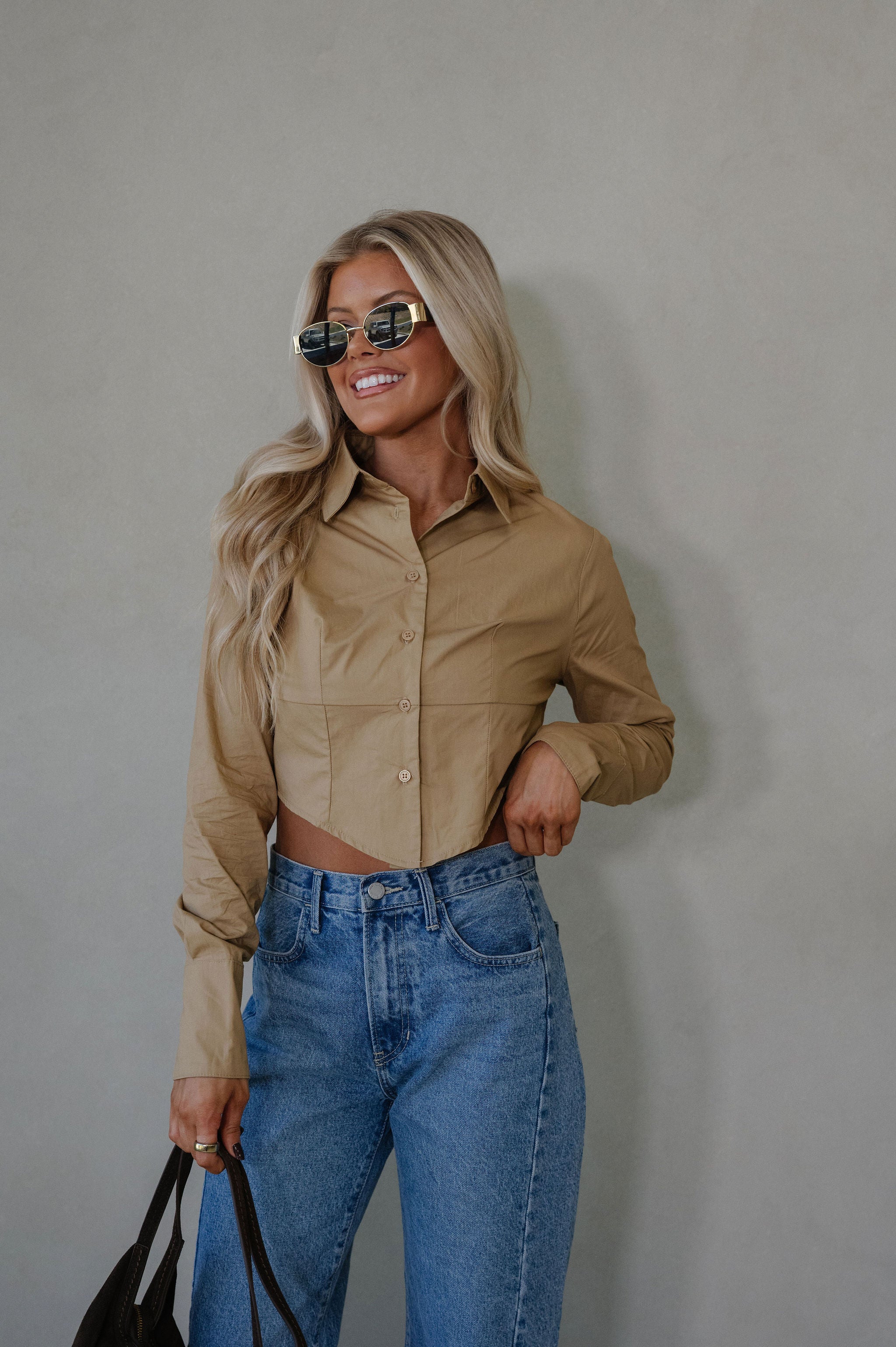 Lou Button Down Top-Khaki