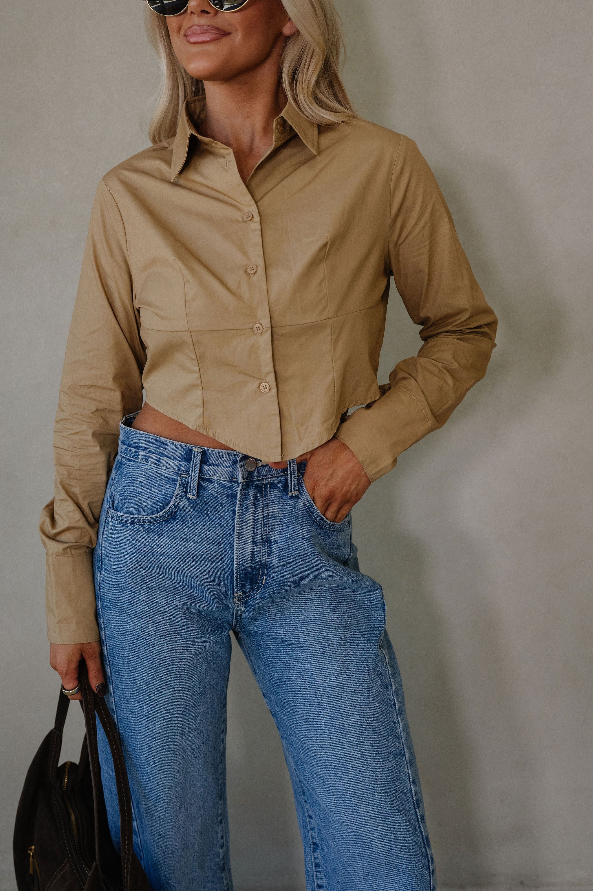 Lou Button Down Top-Khaki