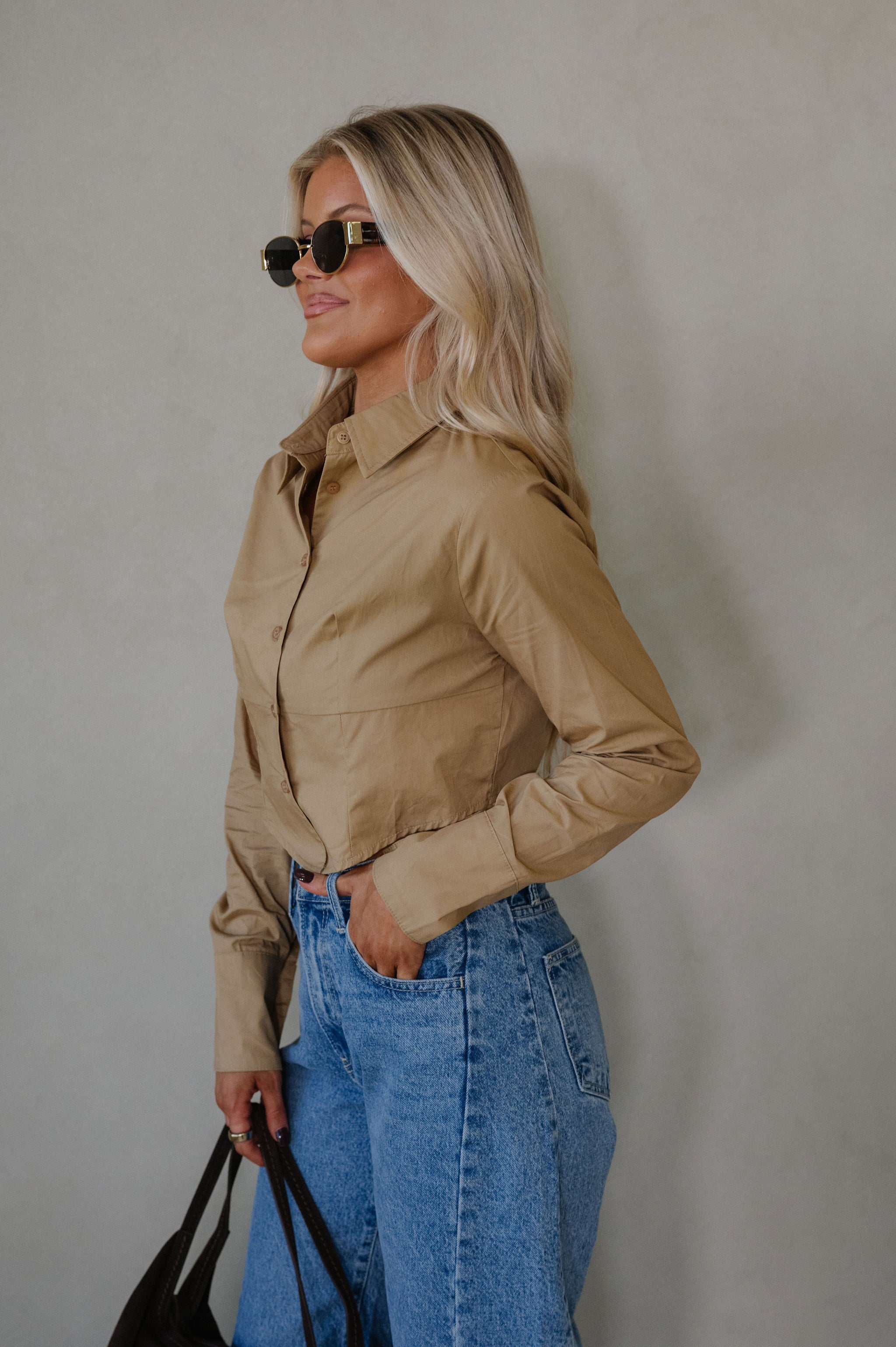 Lou Button Down Top-Khaki