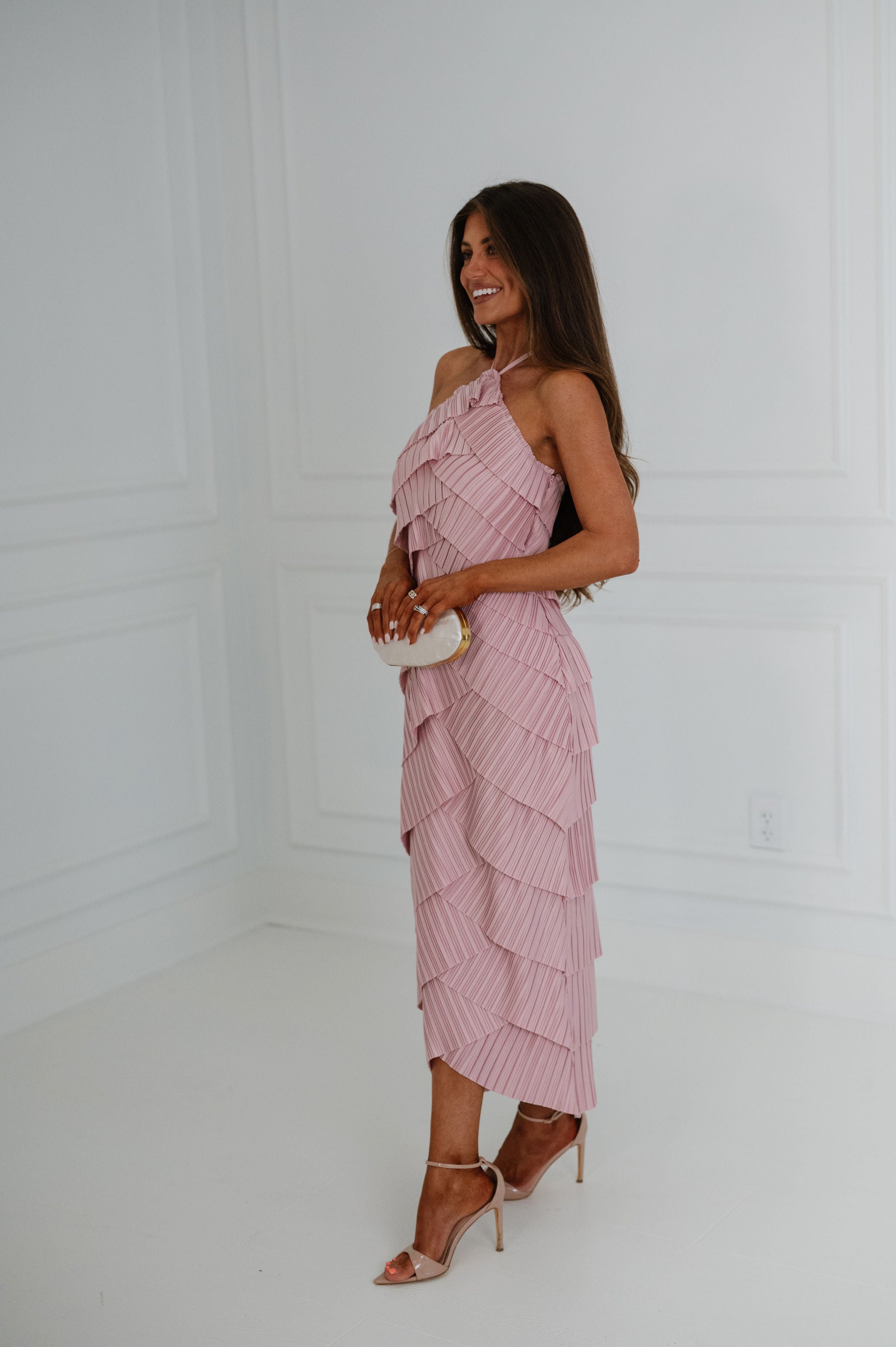 Pleated Halter Midi Dress- Dusty Pink