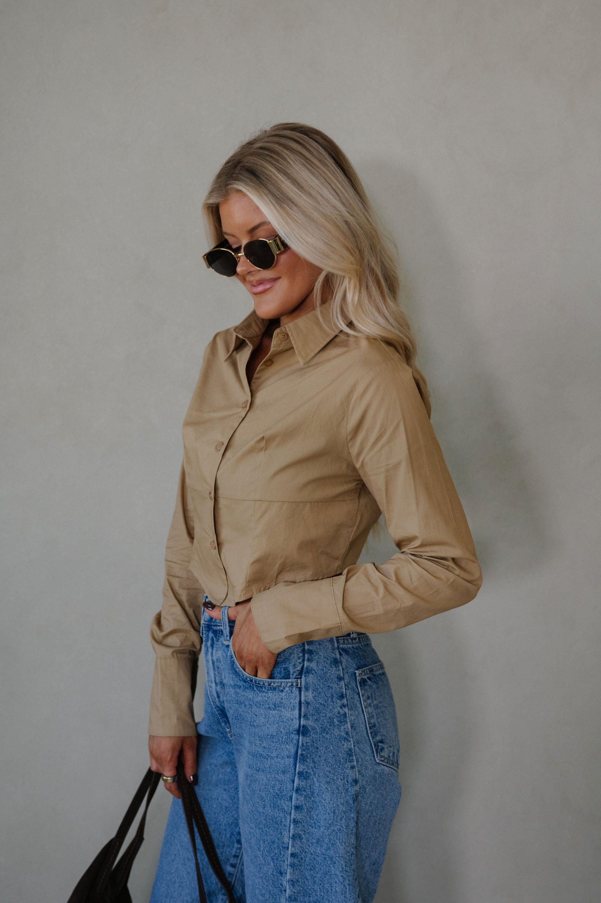 Lou Button Down Top-Khaki
