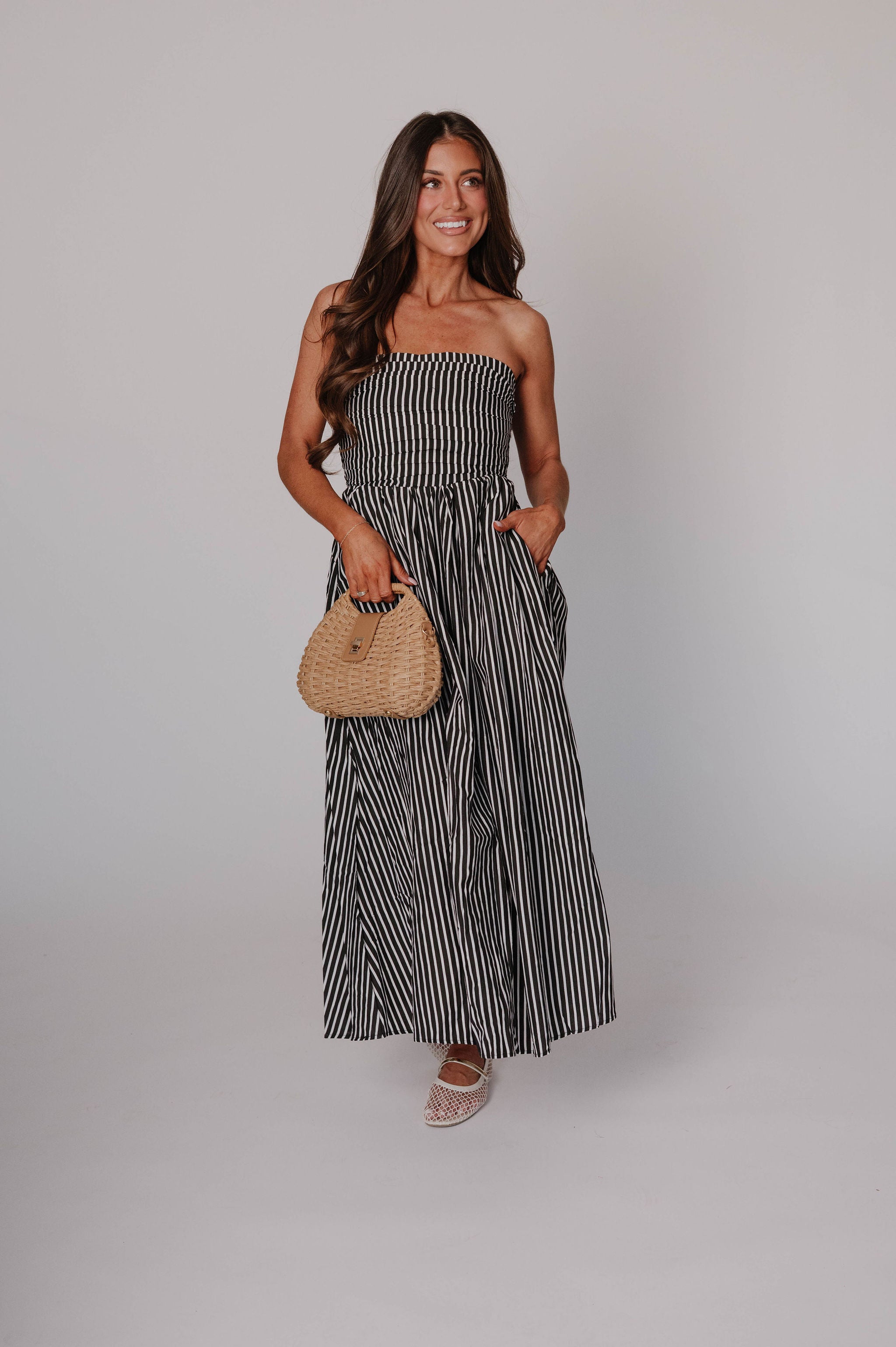 Cammie Striped Midi Dress-Black