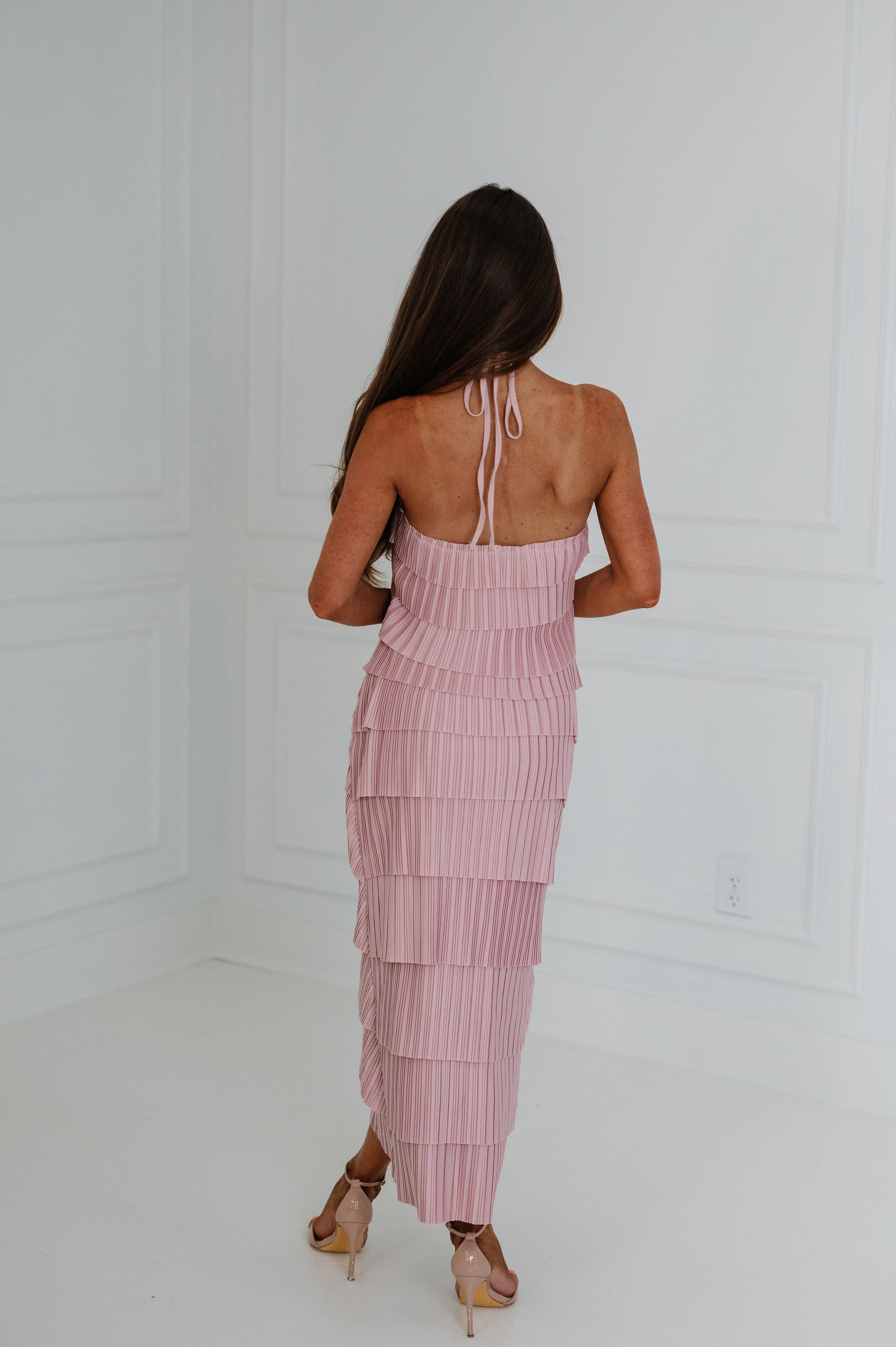 Pleated Halter Midi Dress- Dusty Pink