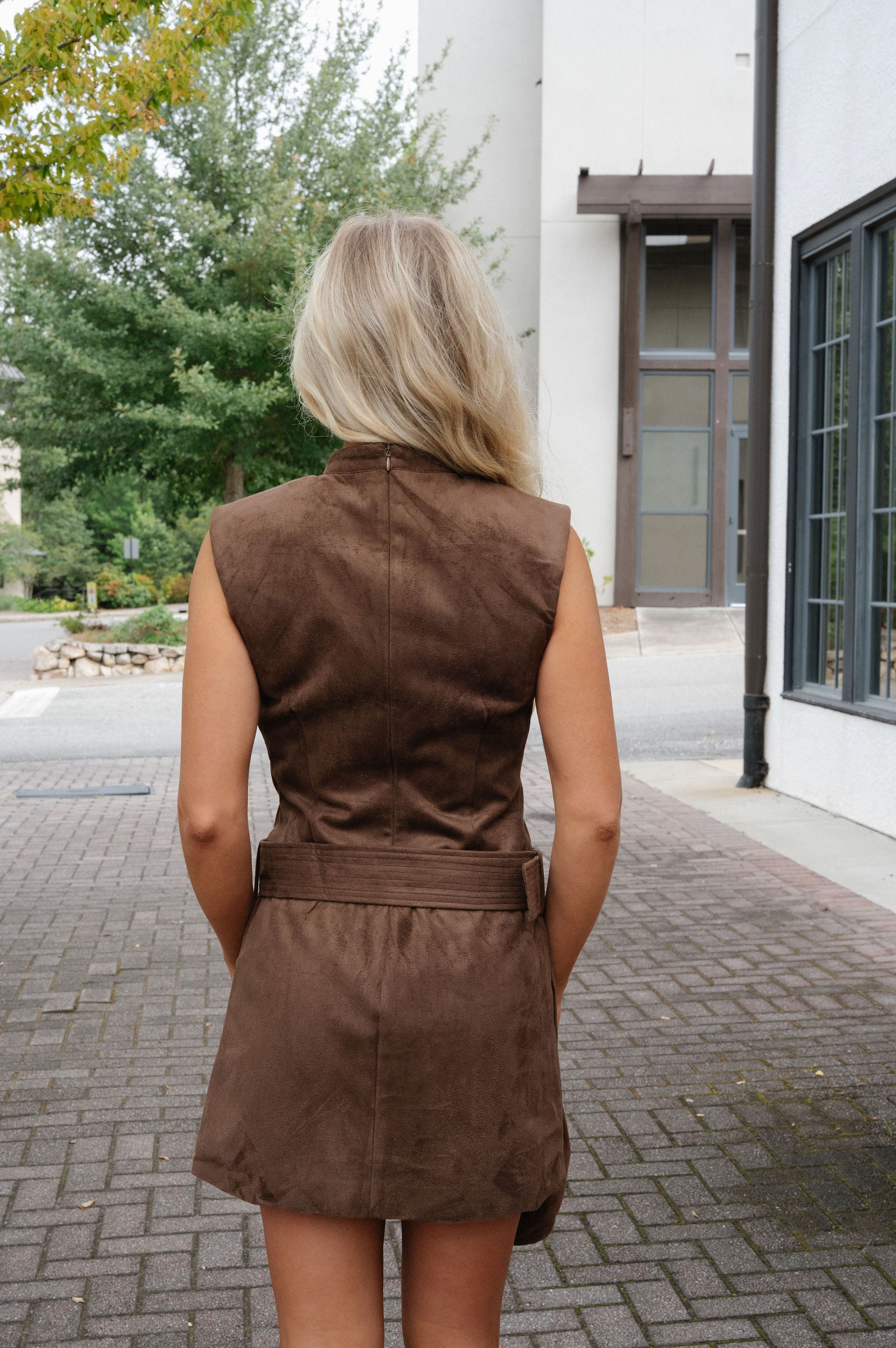 Mock Neck Belted Sleeveless Dress-Espresso