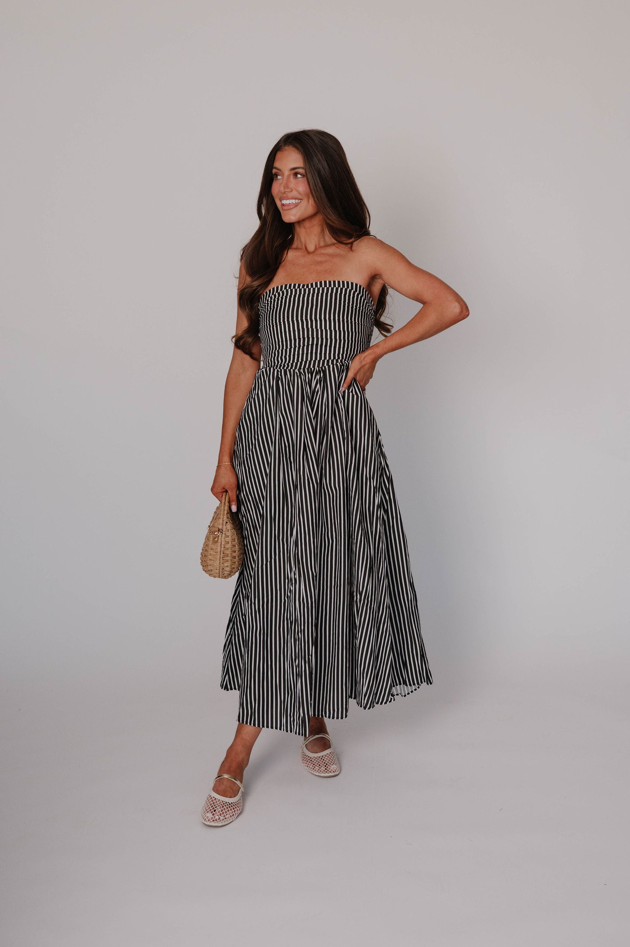 Cammie Striped Midi Dress-Black