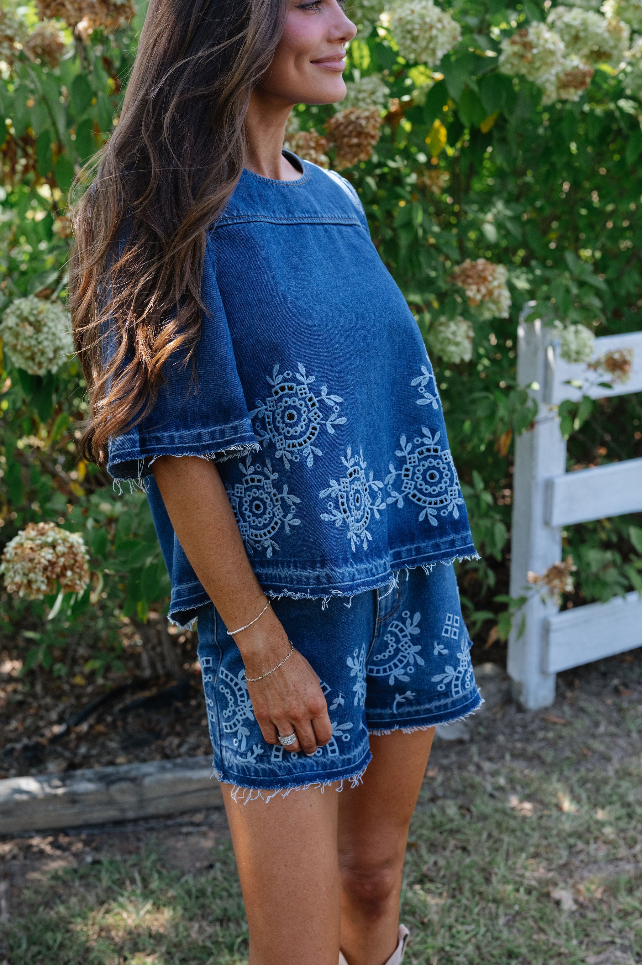 Dani Embroidered Denim Short Set