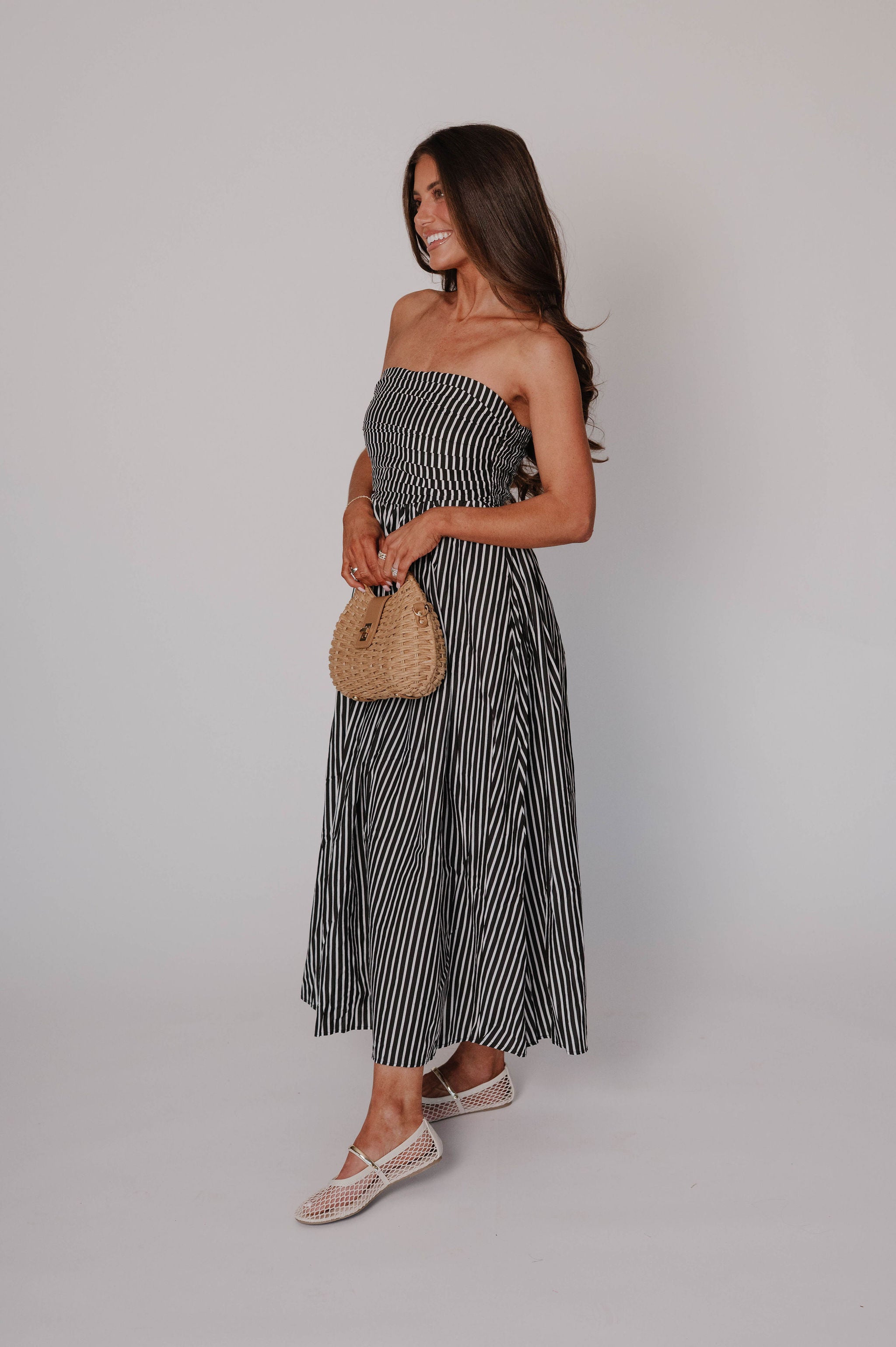 Cammie Striped Midi Dress-Black