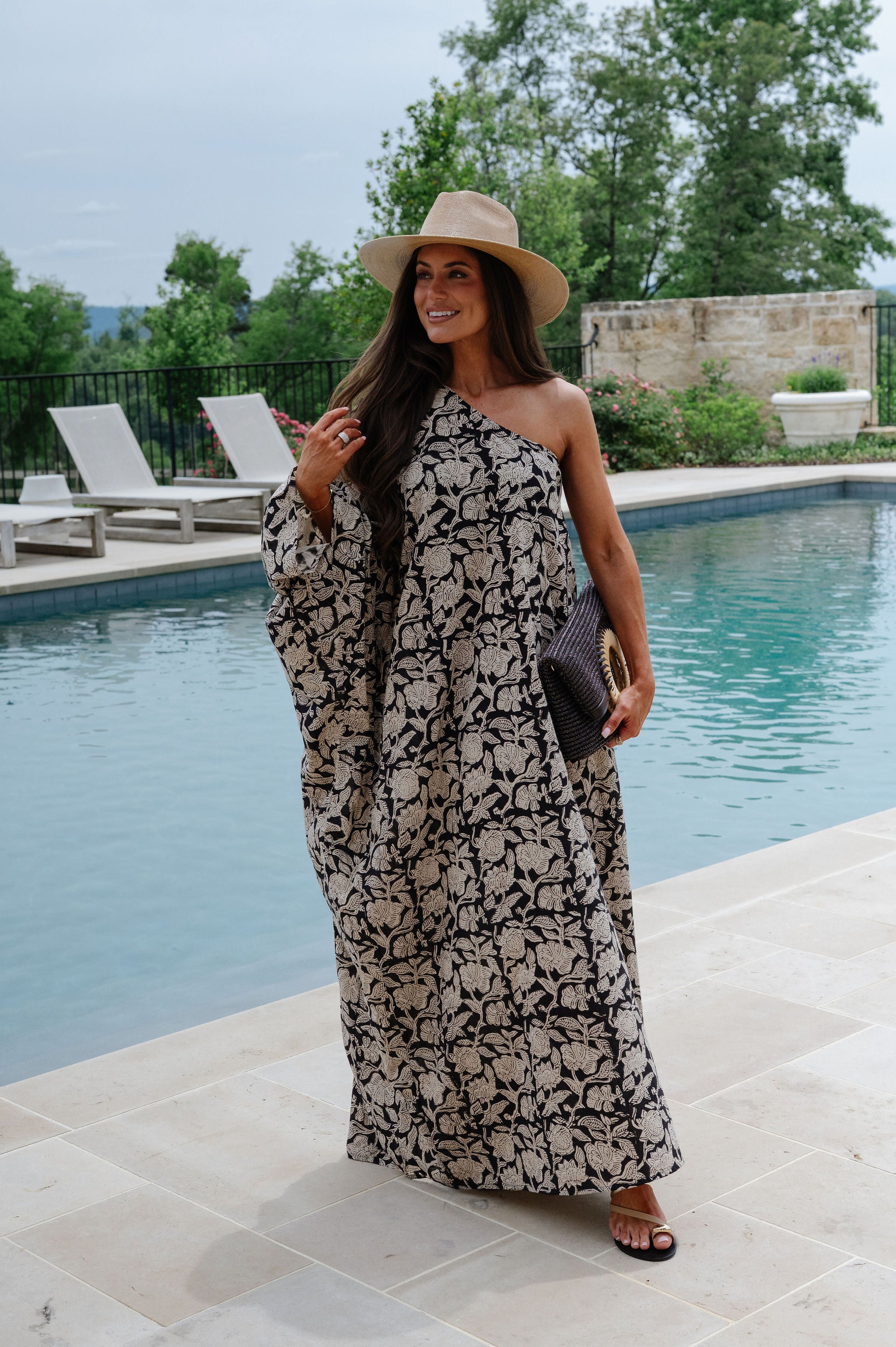 Tulum One Shoulder Maxi-Black/Cream Floral