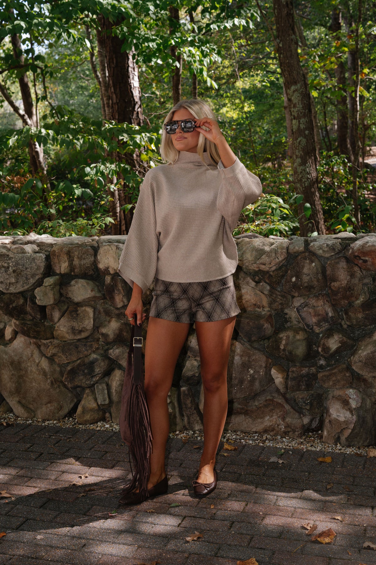 Ember Plaid Tailored Mini Shorts-Mocha