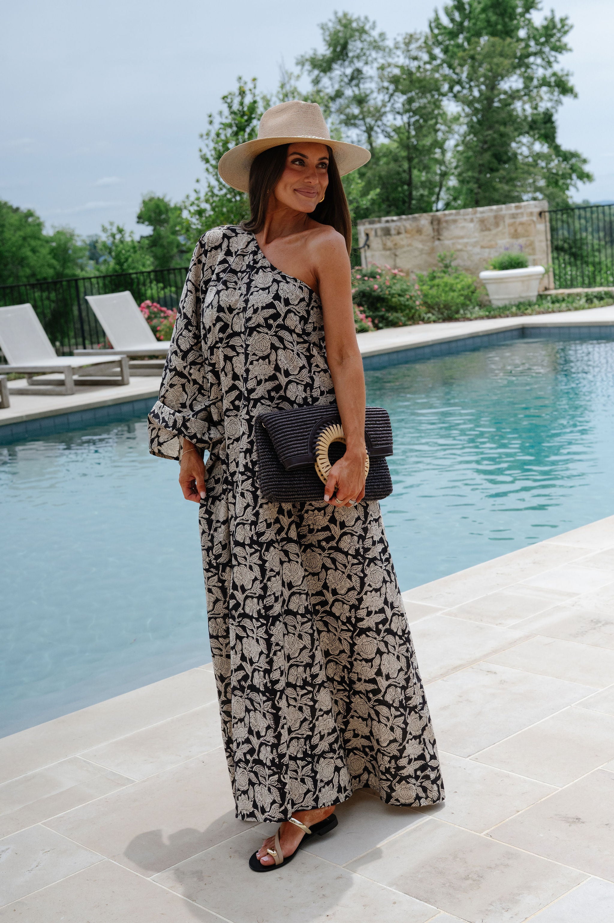 Tulum One Shoulder Maxi-Black/Cream Floral