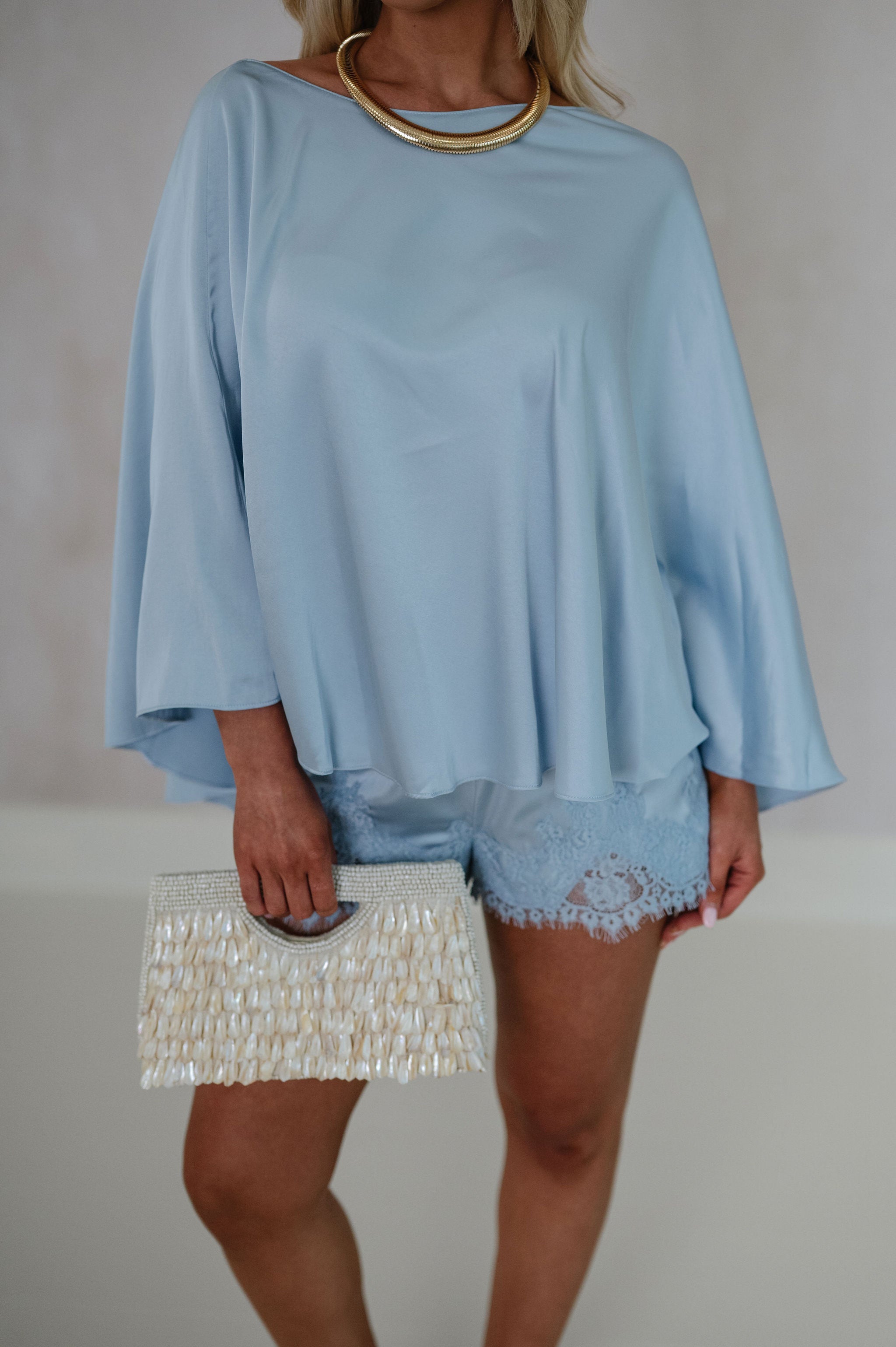 Lace Trim Satin Shorts Set-Light Blue