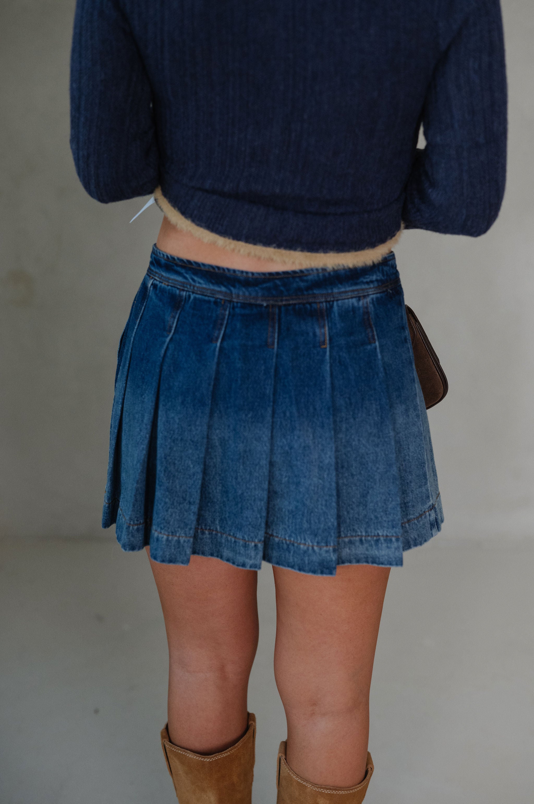 Benny Pleated Denim Mini Skirt-Medium Blue