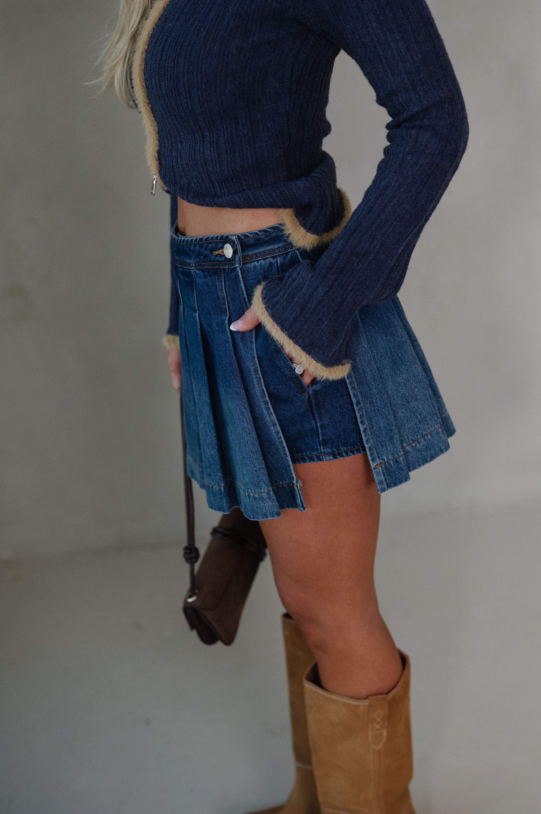 Benny Pleated Denim Mini Skirt-Medium Blue