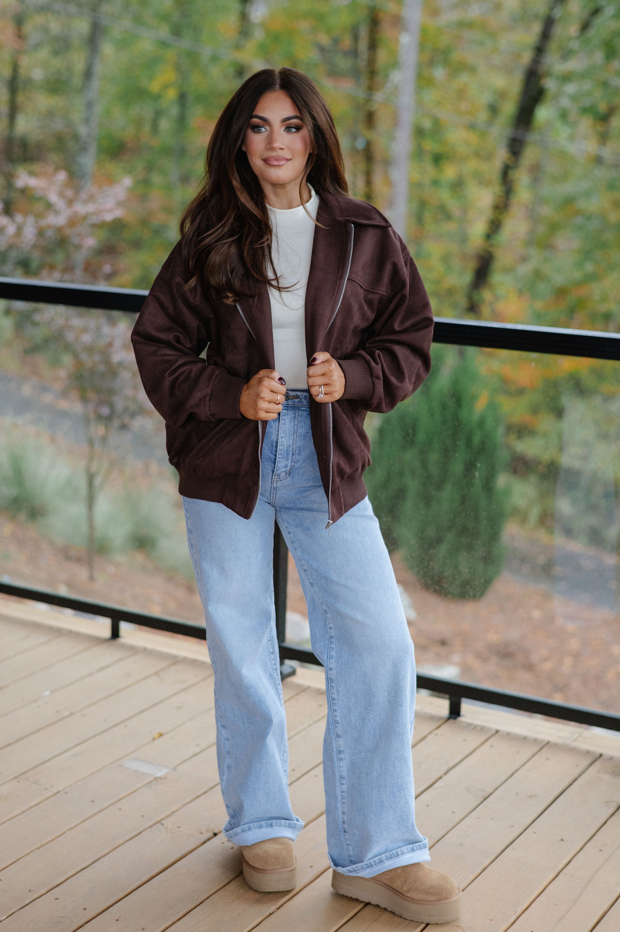 Harper Faux Suede Bomber Jacket-Dark Brown