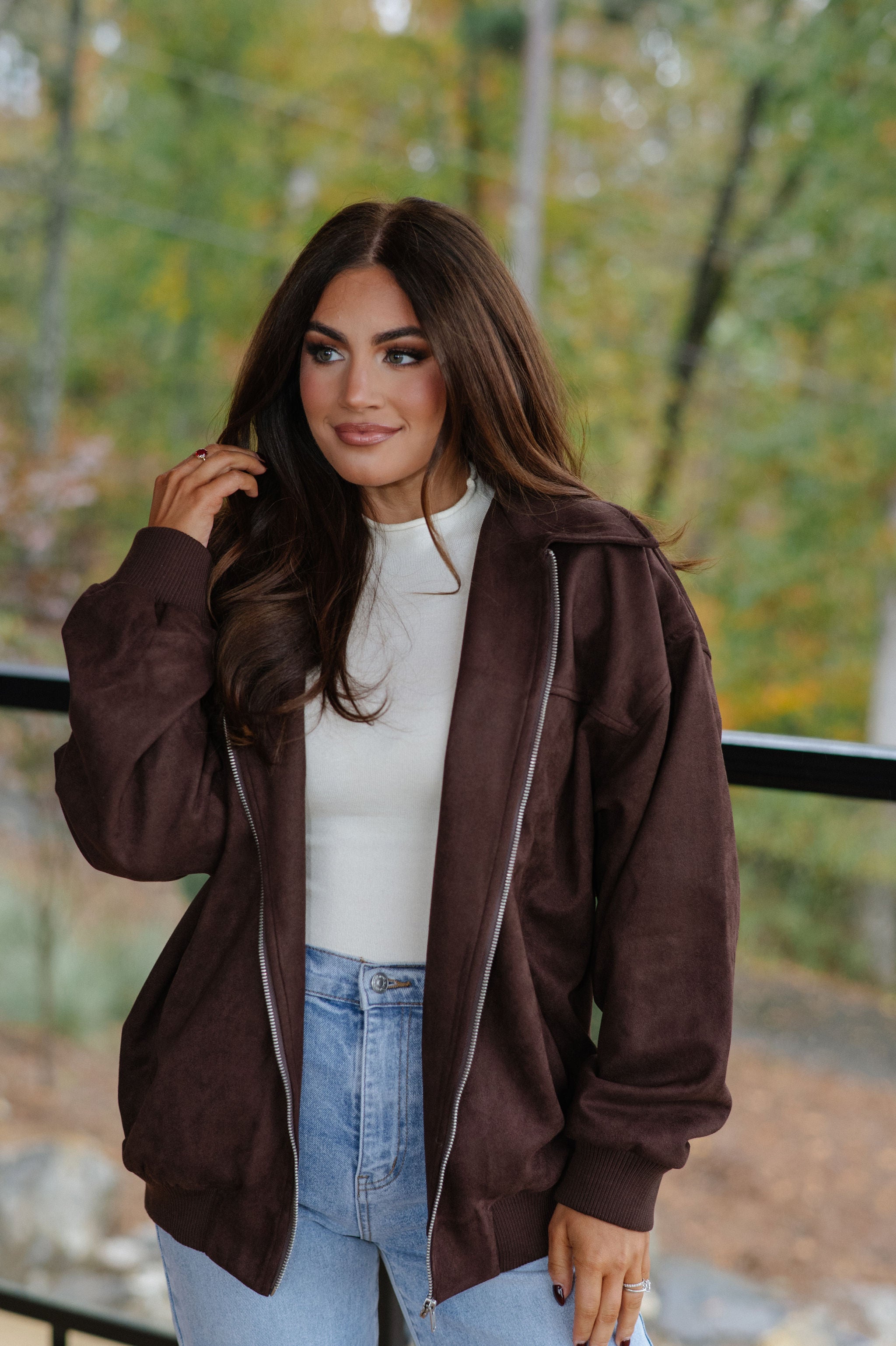 Harper Faux Suede Bomber Jacket-Dark Brown