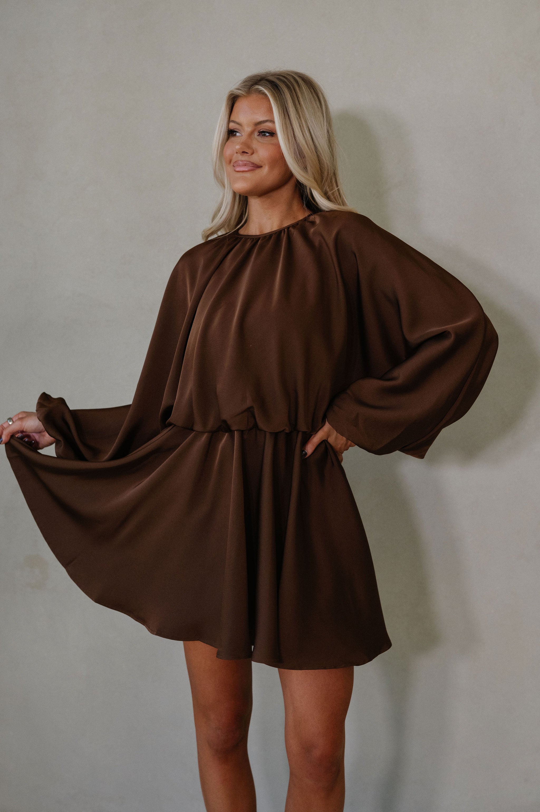 Chloe Balloon Sleeve Mini Dress-Chocolate Brown