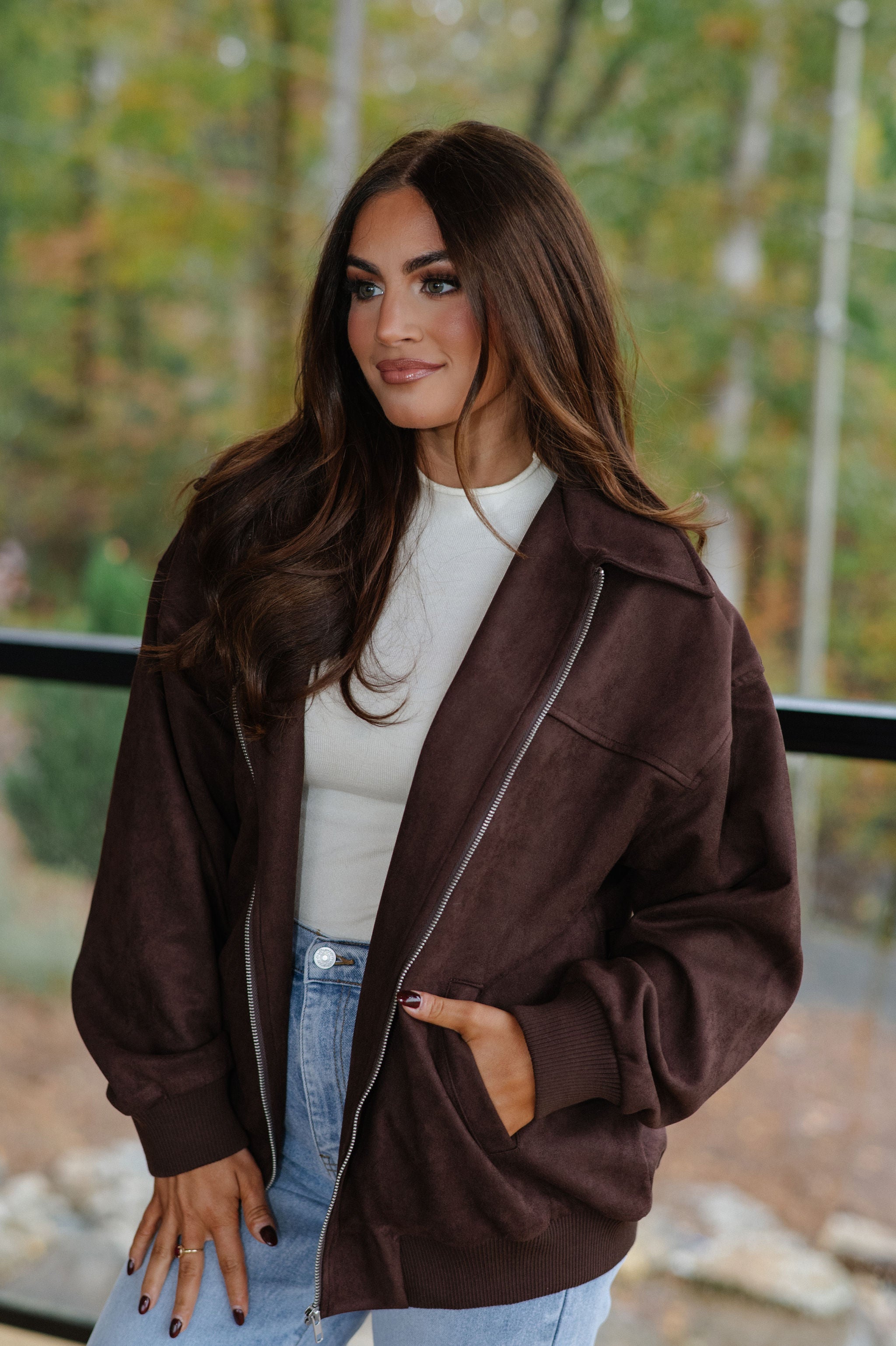 Harper Faux Suede Bomber Jacket-Dark Brown