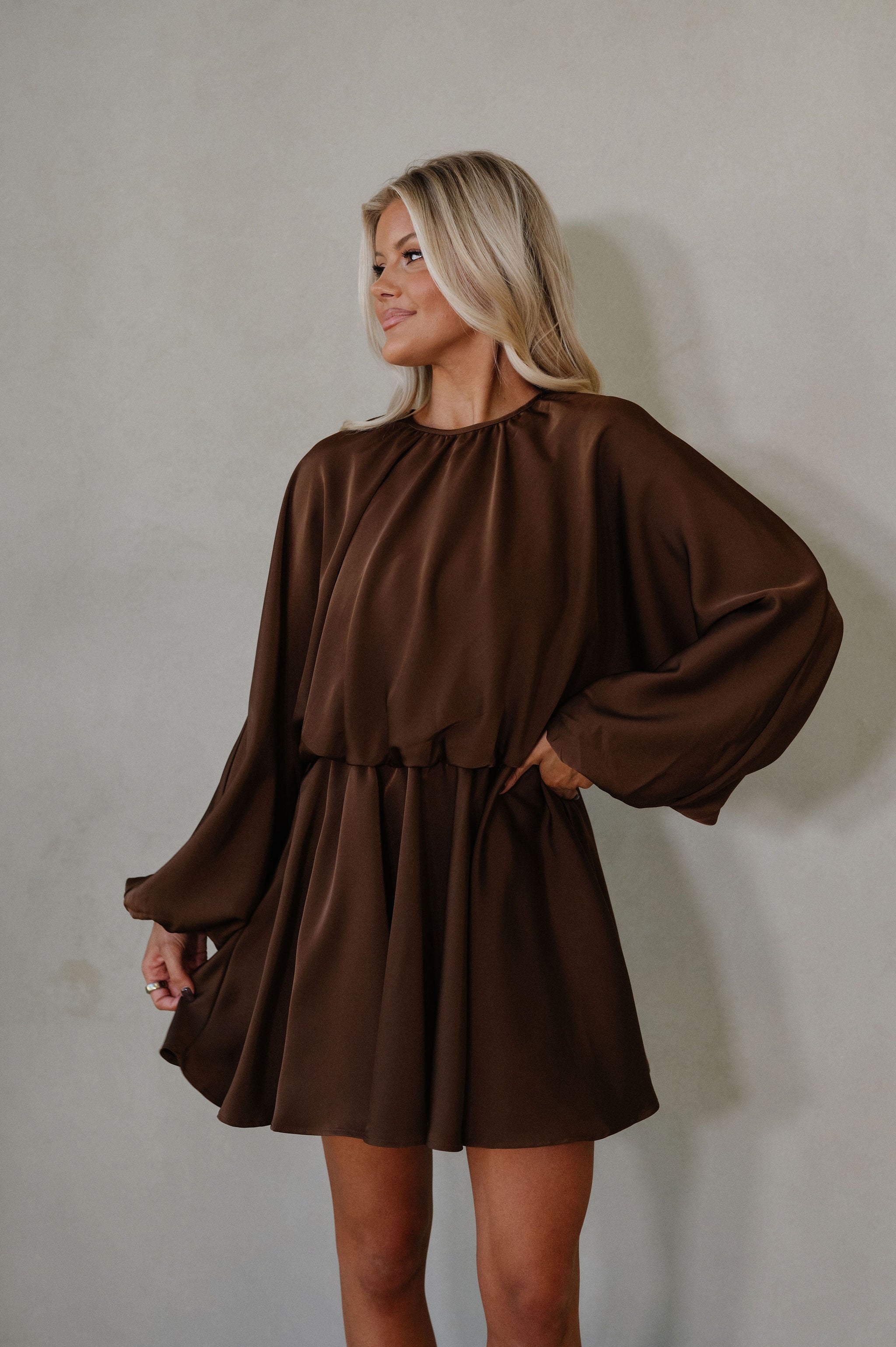 Chloe Balloon Sleeve Mini Dress-Chocolate Brown