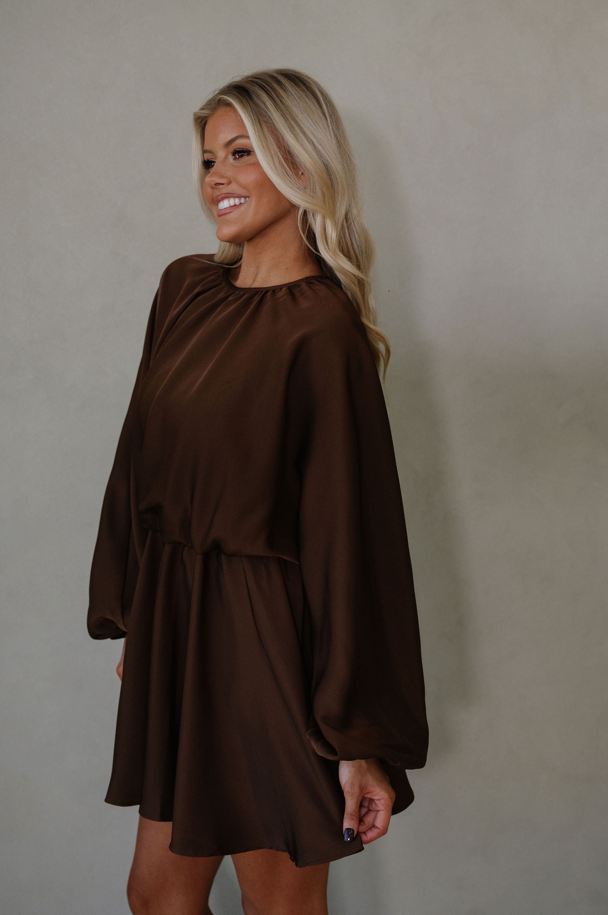 Chloe Balloon Sleeve Mini Dress-Chocolate Brown