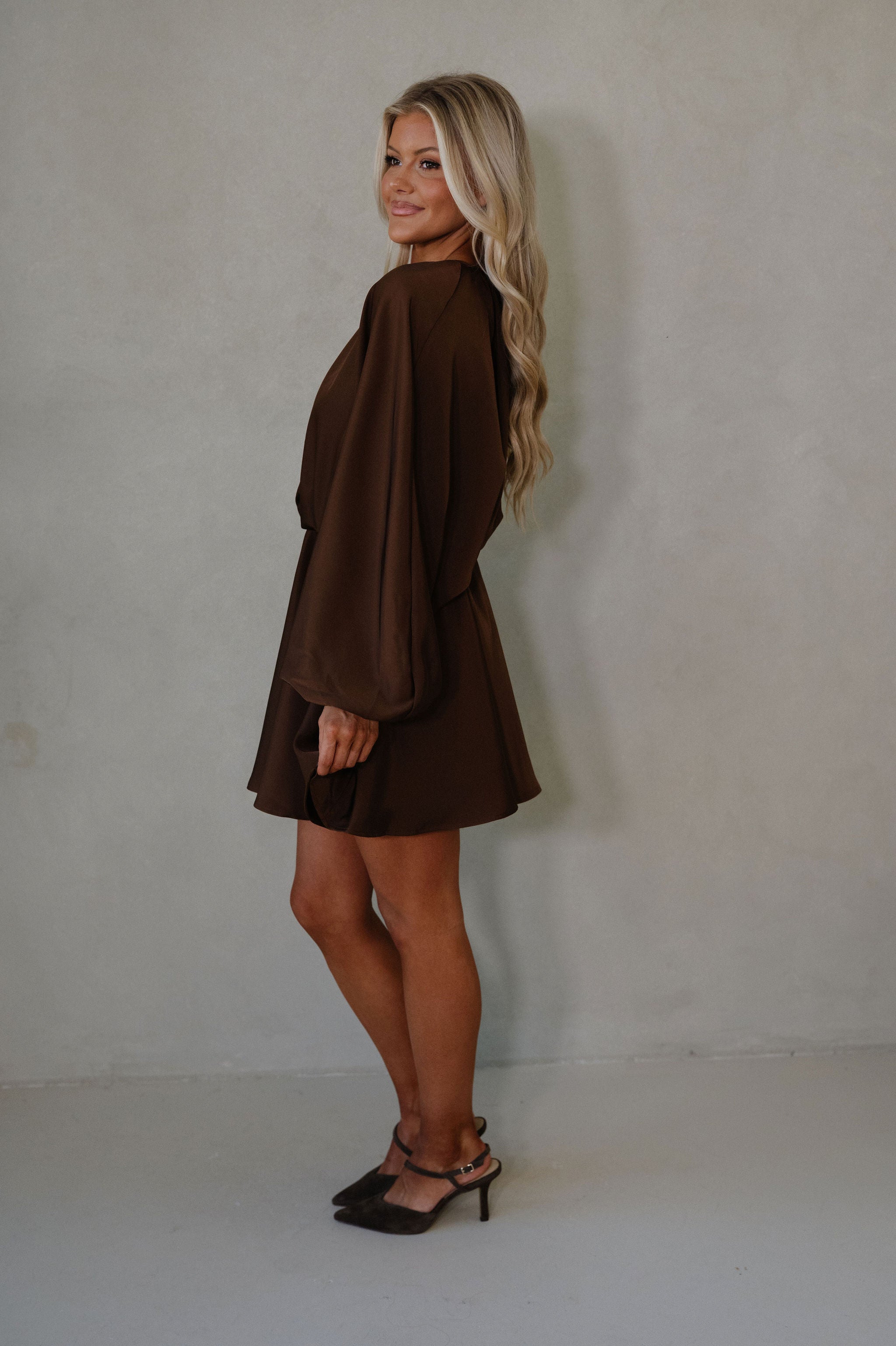 Chloe Balloon Sleeve Mini Dress-Chocolate Brown