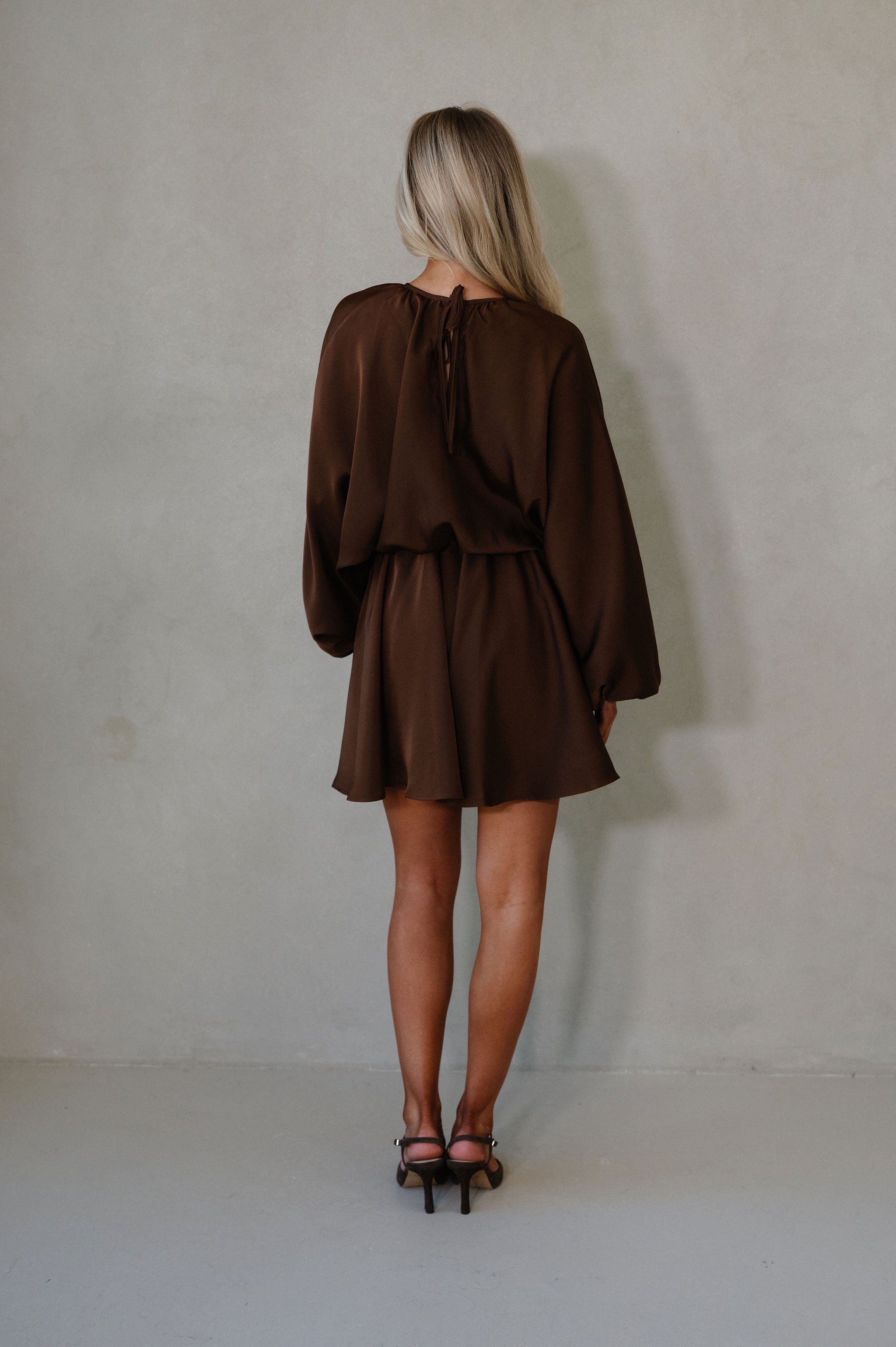 Chloe Balloon Sleeve Mini Dress-Chocolate Brown