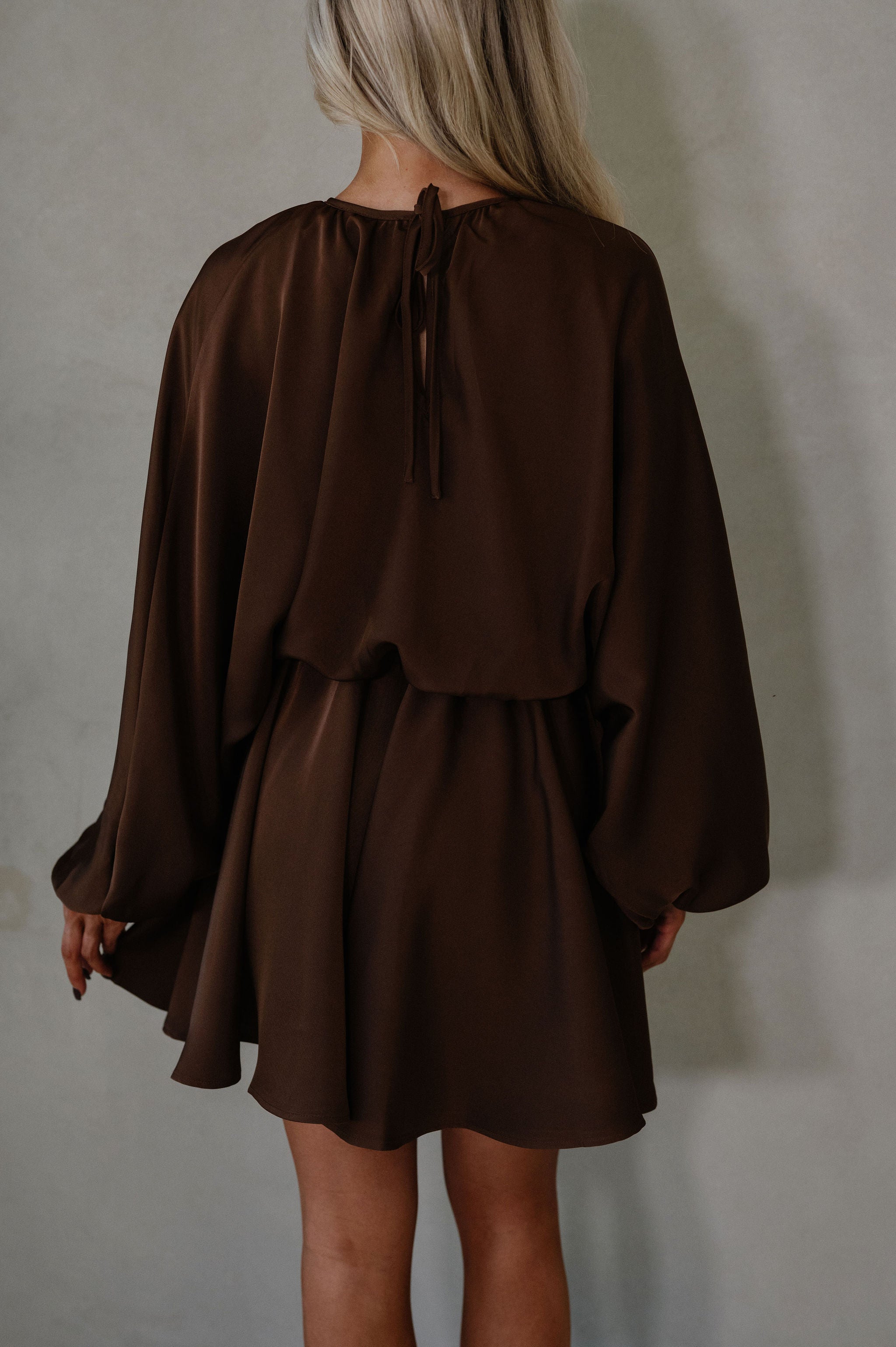 Chloe Balloon Sleeve Mini Dress-Chocolate Brown