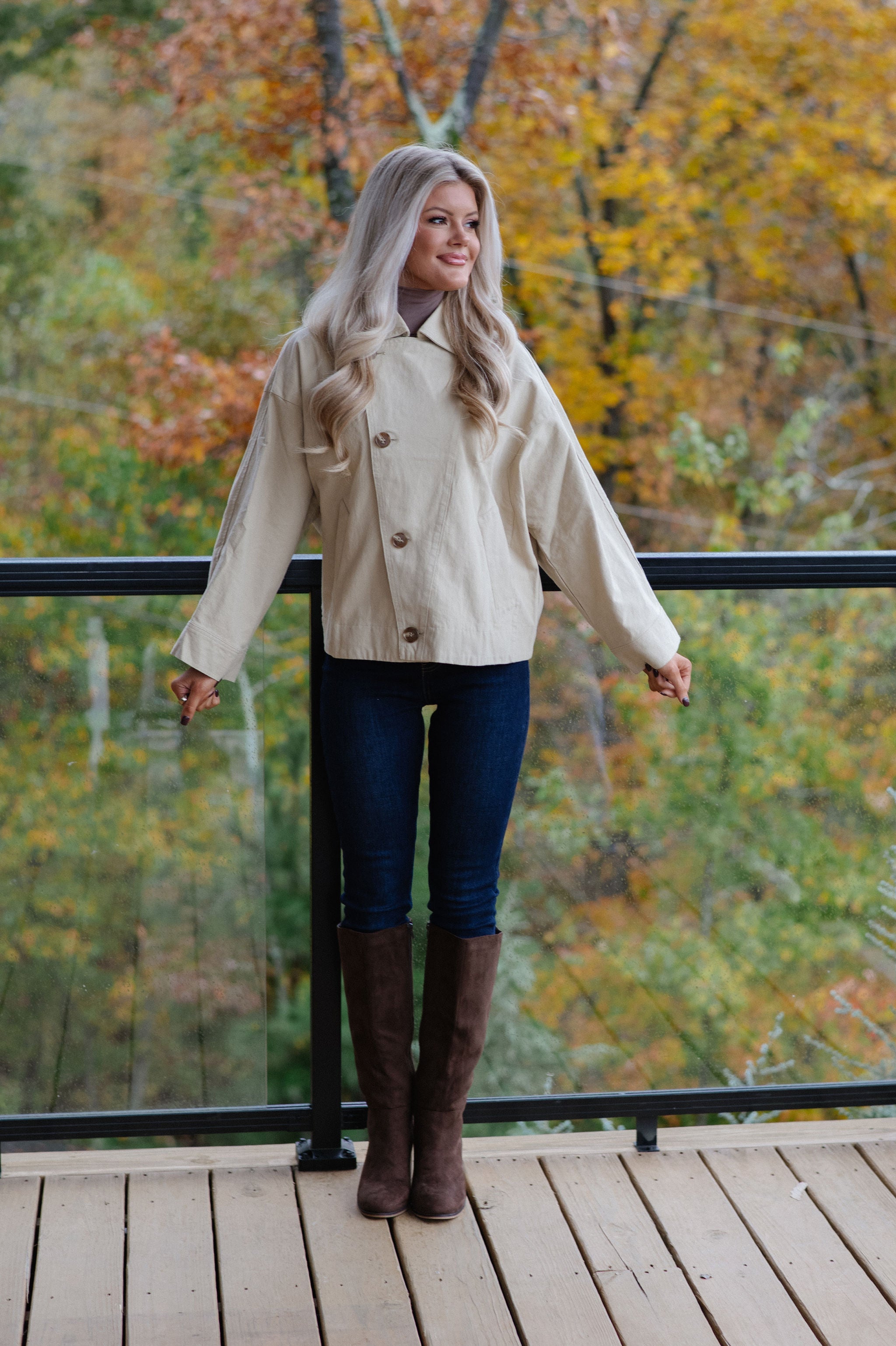 Asymmetric Button Closure Jacket-Beige