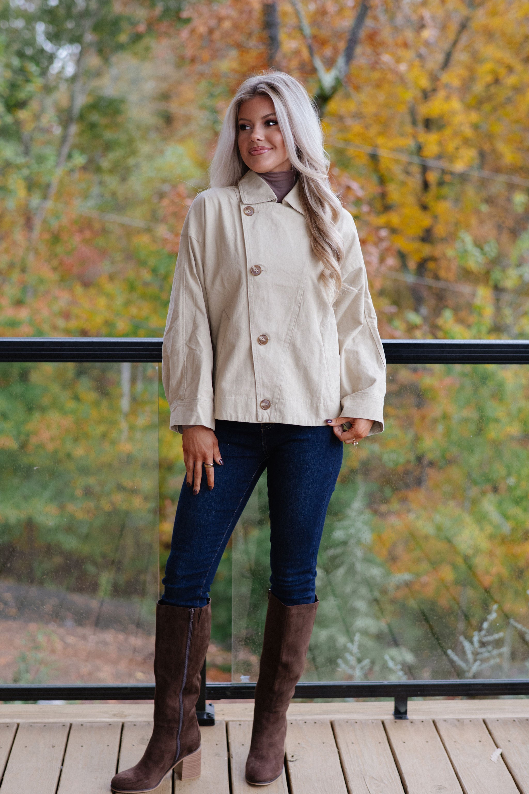 Asymmetric Button Closure Jacket-Beige