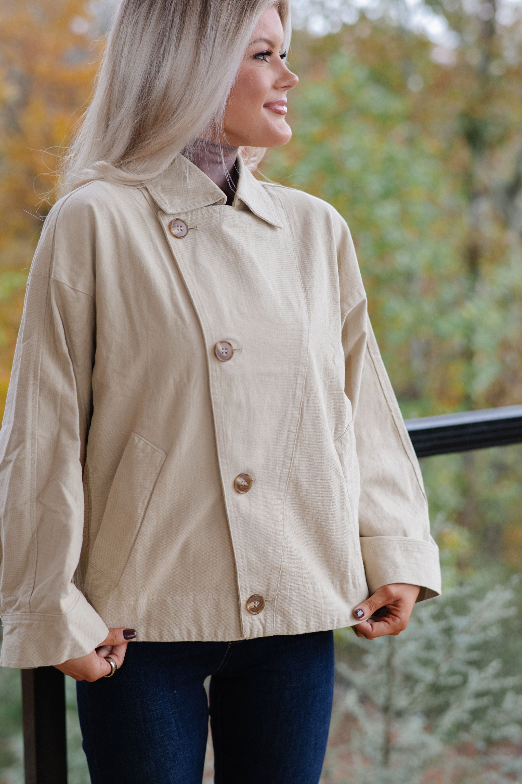 Asymmetric Button Closure Jacket-Beige