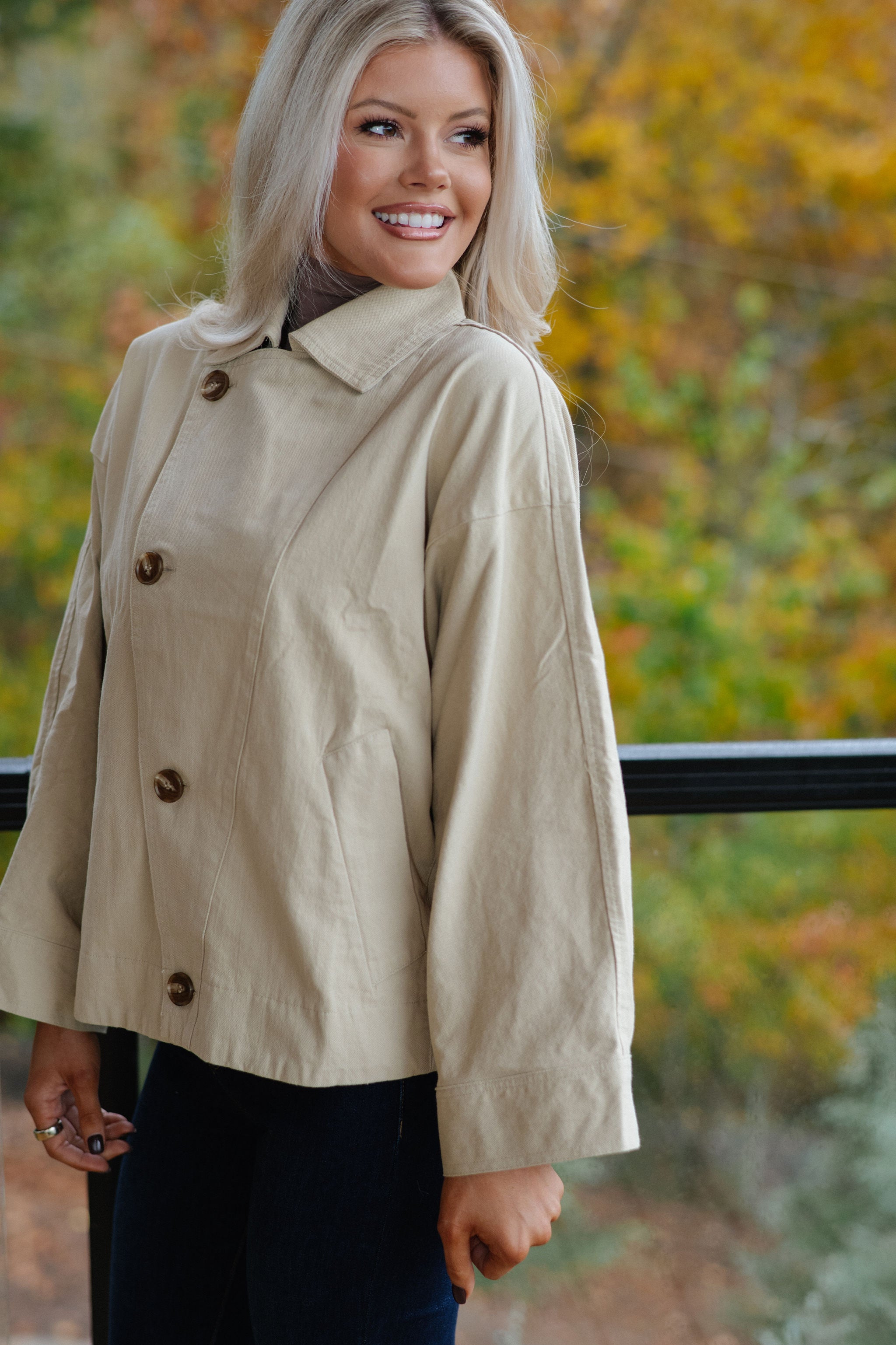 Asymmetric Button Closure Jacket-Beige