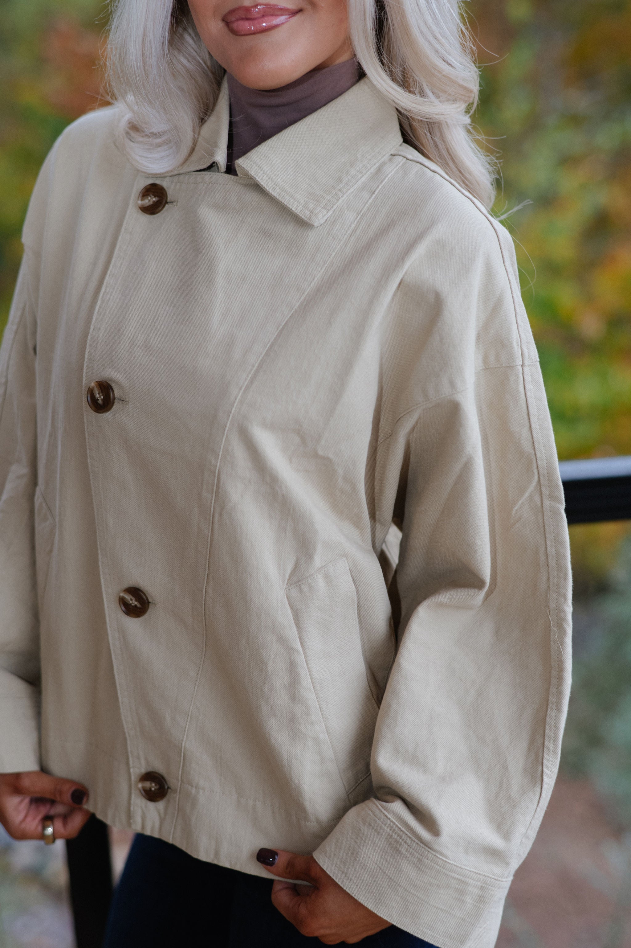Asymmetric Button Closure Jacket-Beige