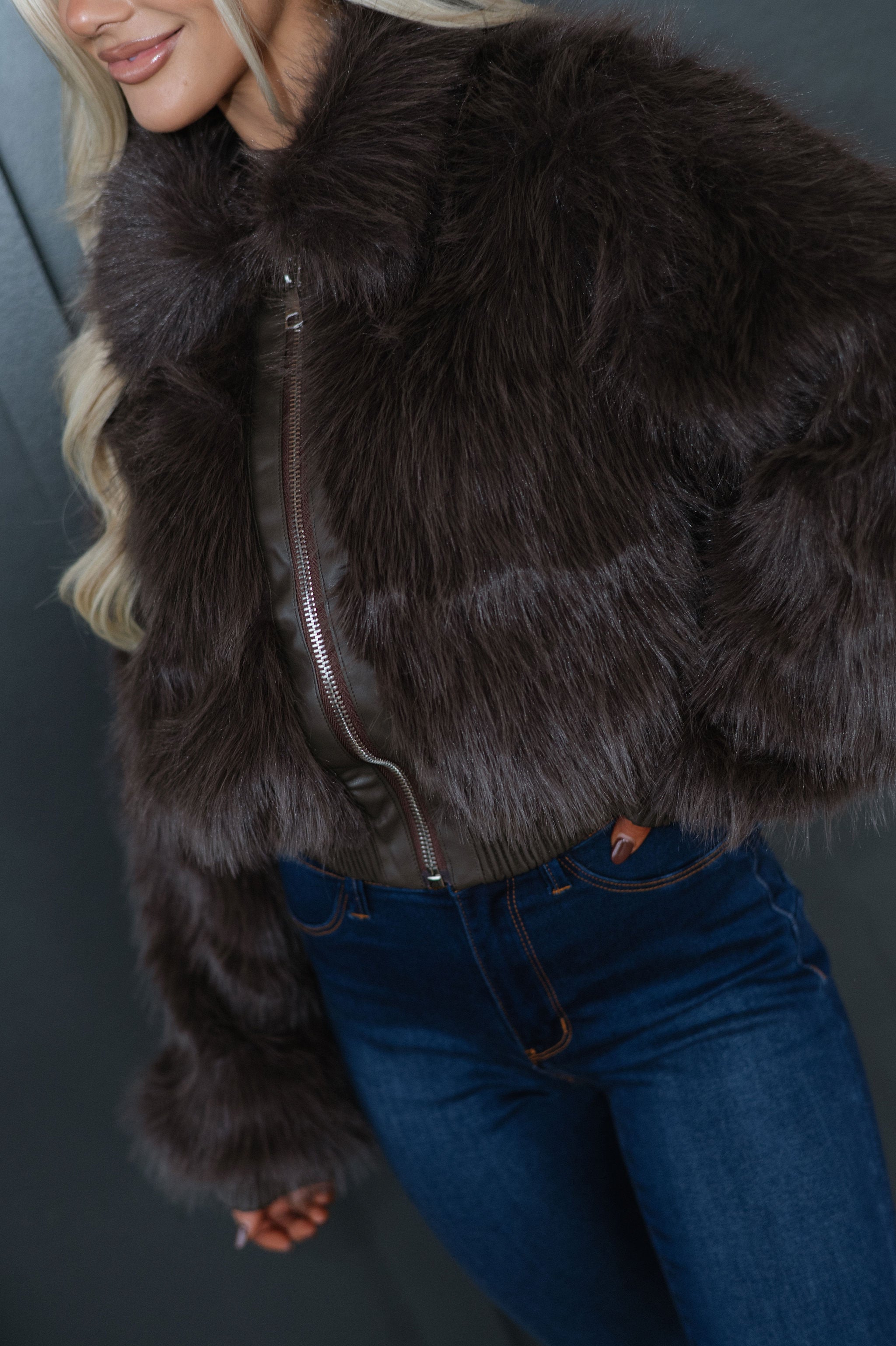 Faux Fur Plush Zippered Jacket-Brown