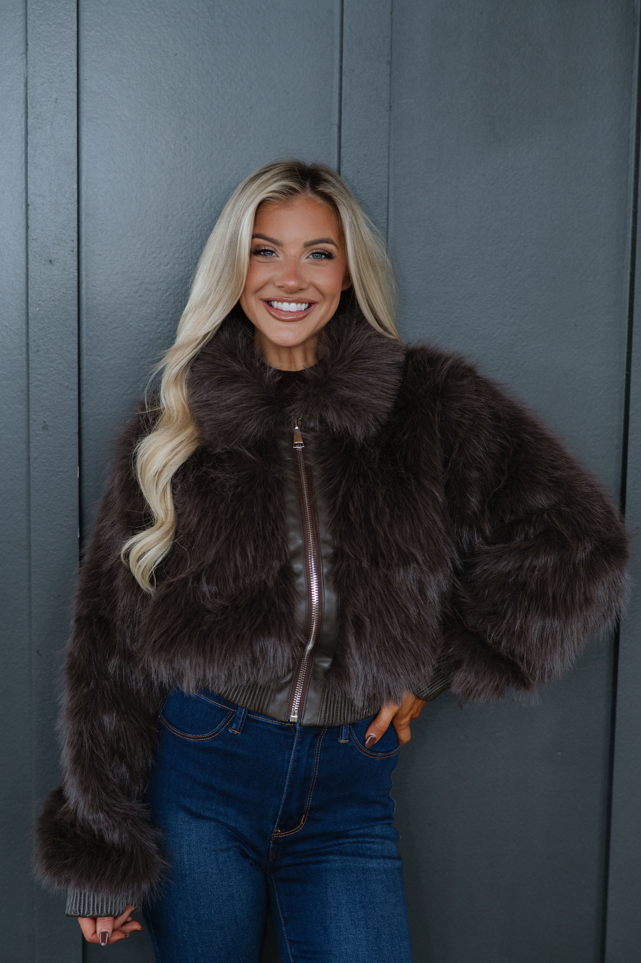 Faux Fur Plush Zippered Jacket-Brown