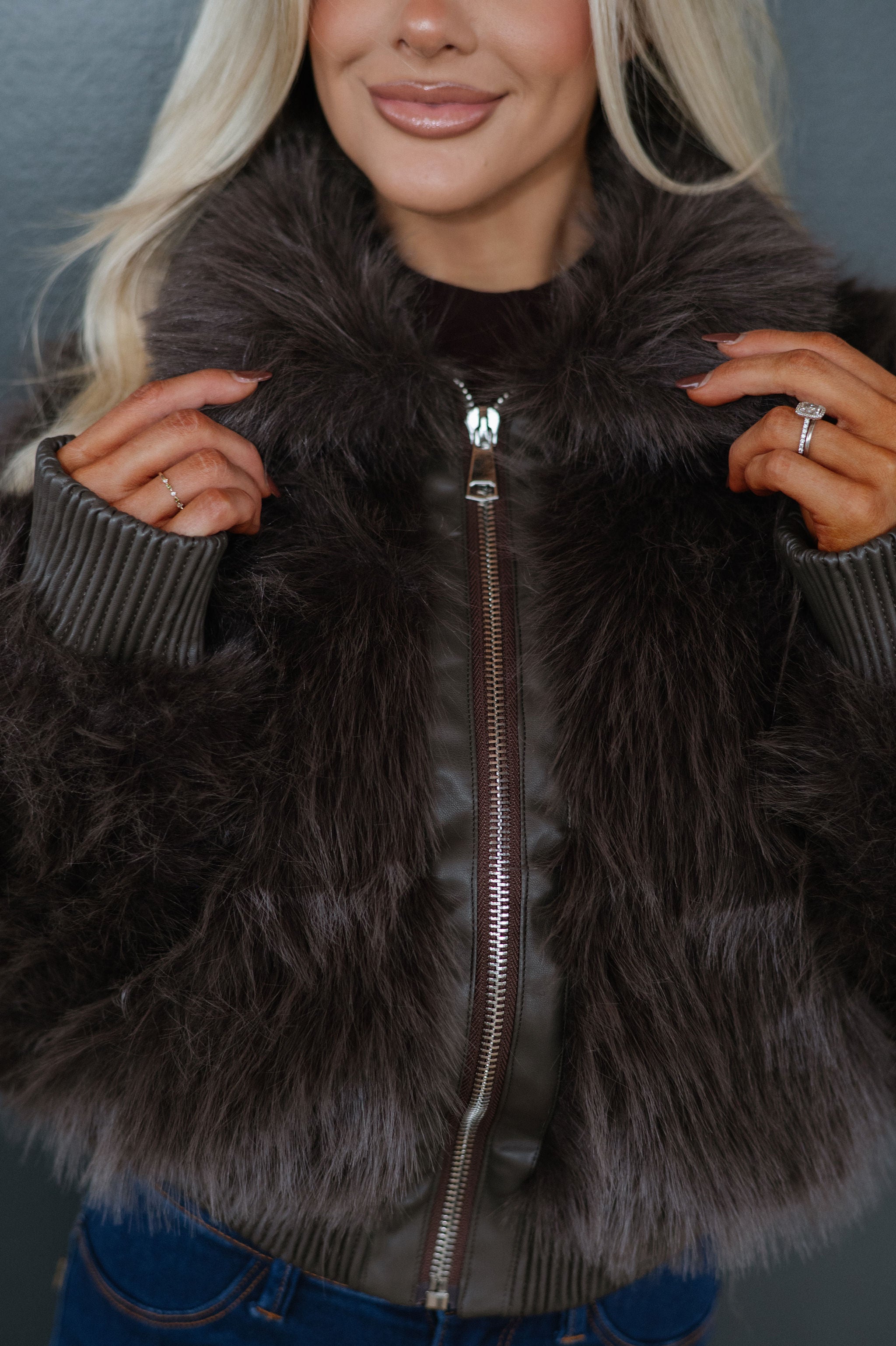 Faux Fur Plush Zippered Jacket-Brown