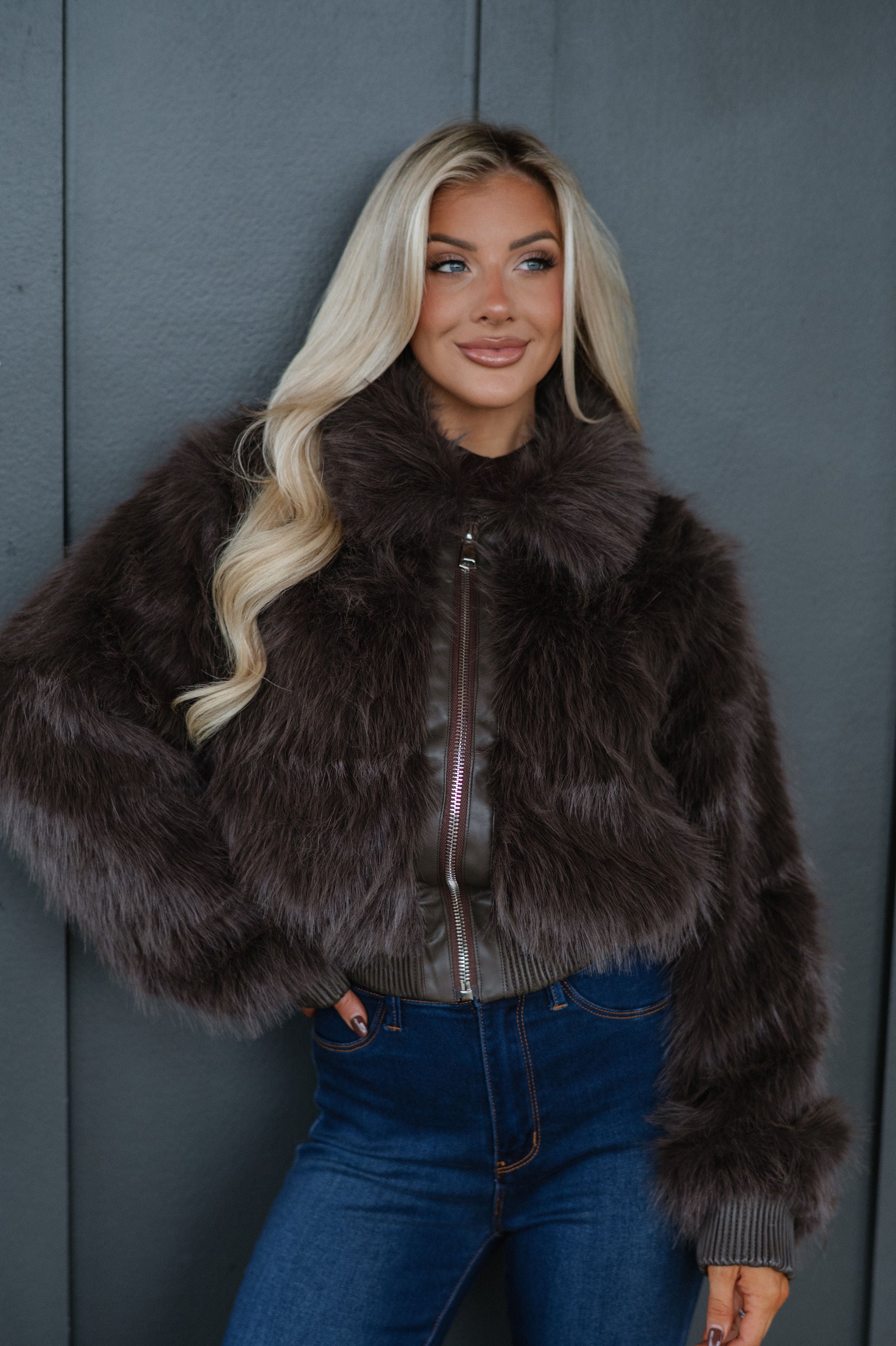Faux Fur Plush Zippered Jacket-Brown