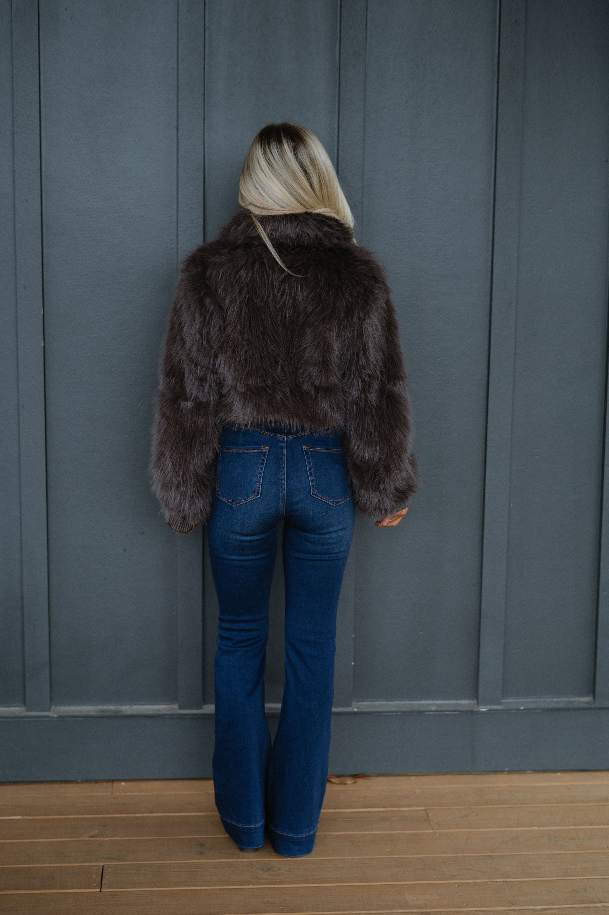 Faux Fur Plush Zippered Jacket-Brown
