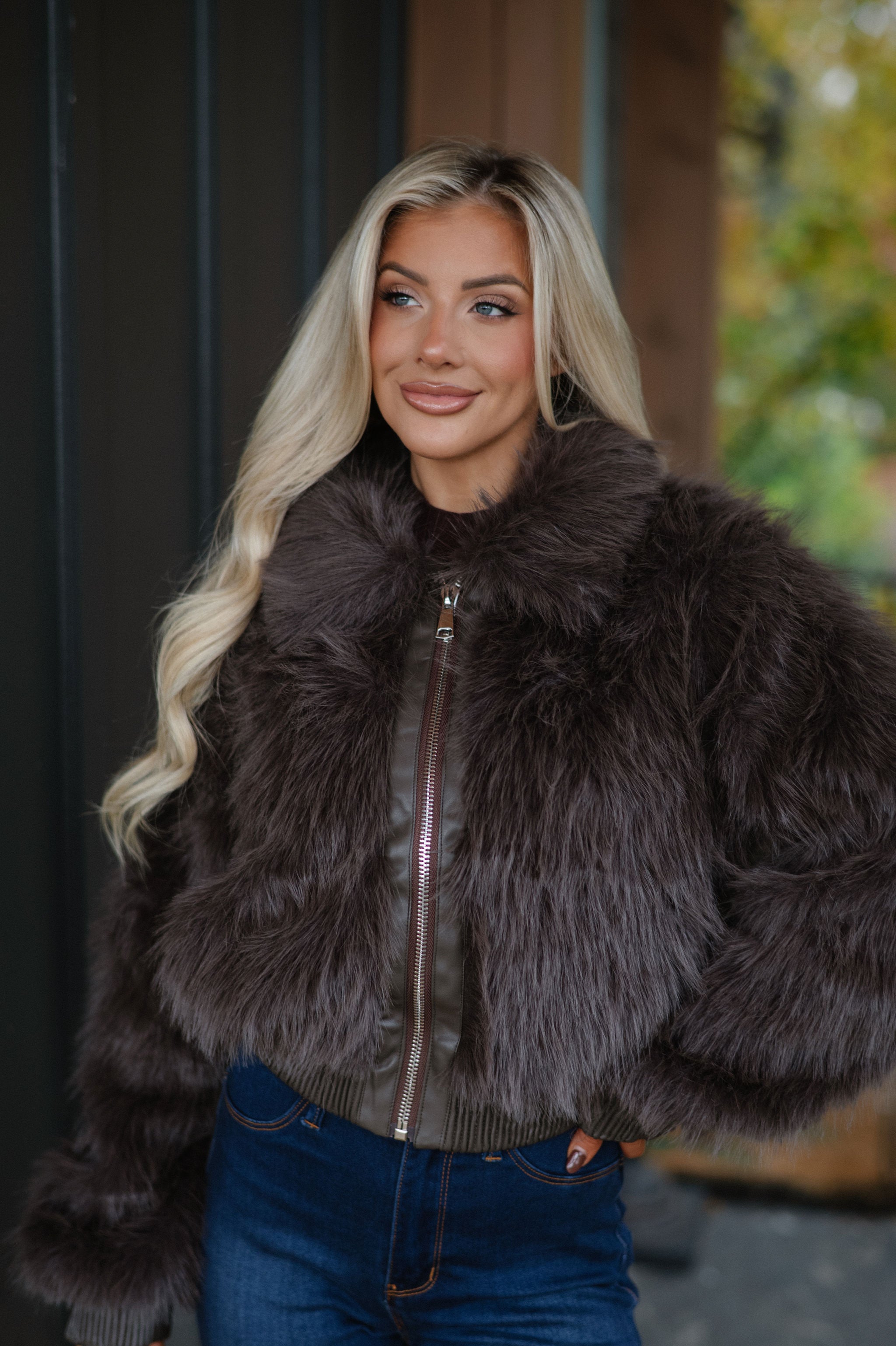 Faux Fur Plush Zippered Jacket-Brown