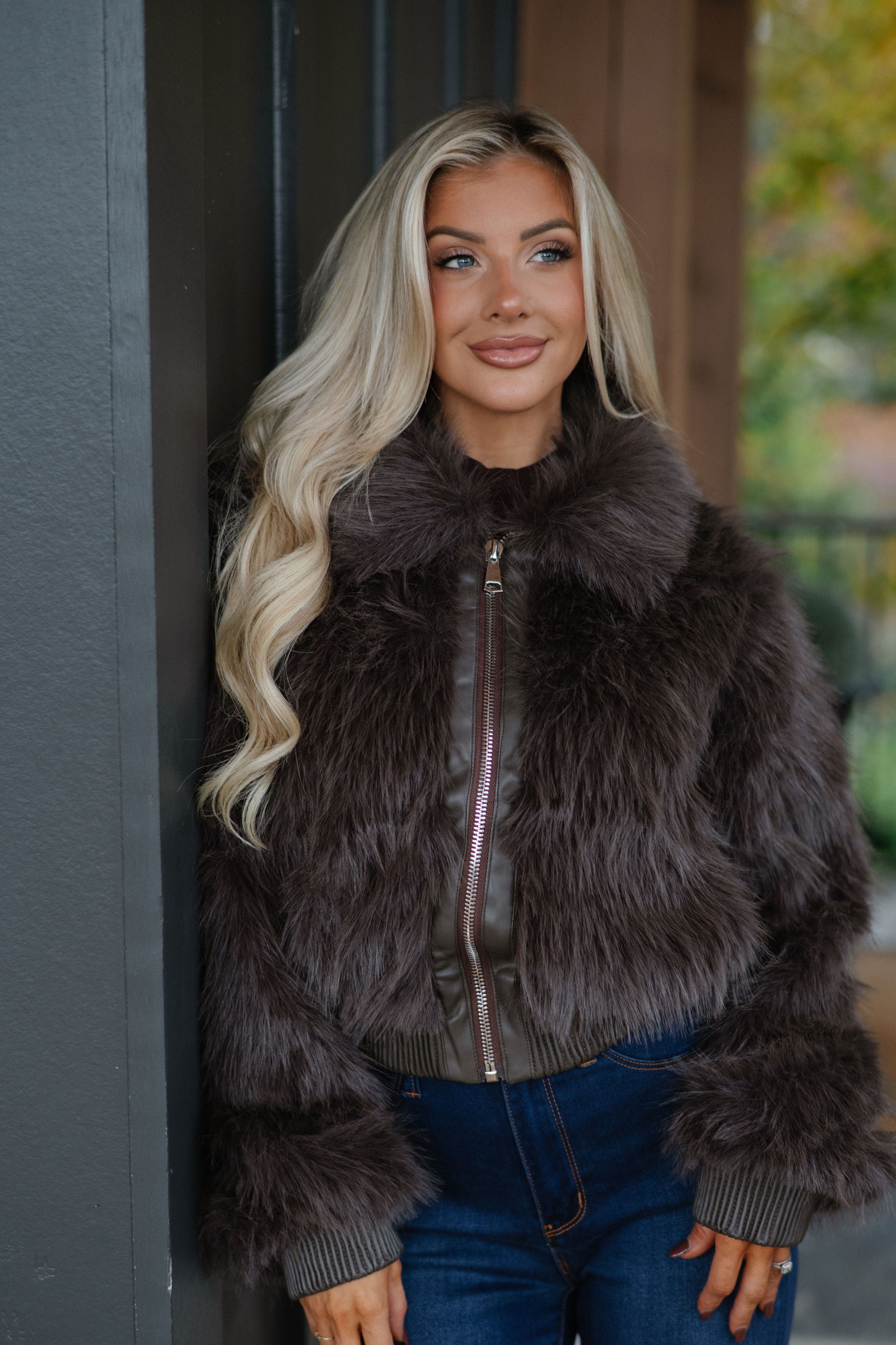 Faux Fur Plush Zippered Jacket-Brown