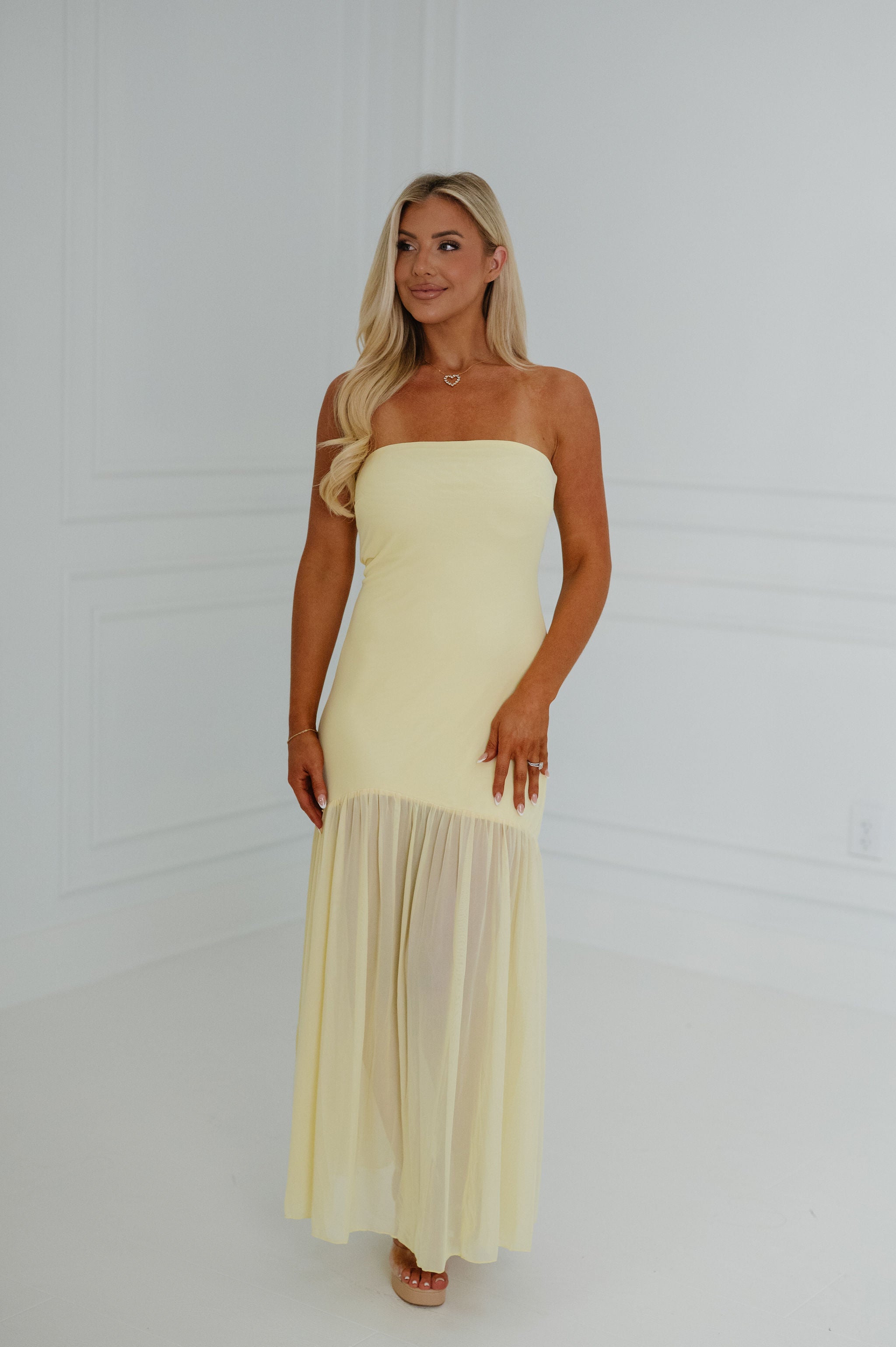 butter yellow strapless maxi dress Strapless Midi Dress