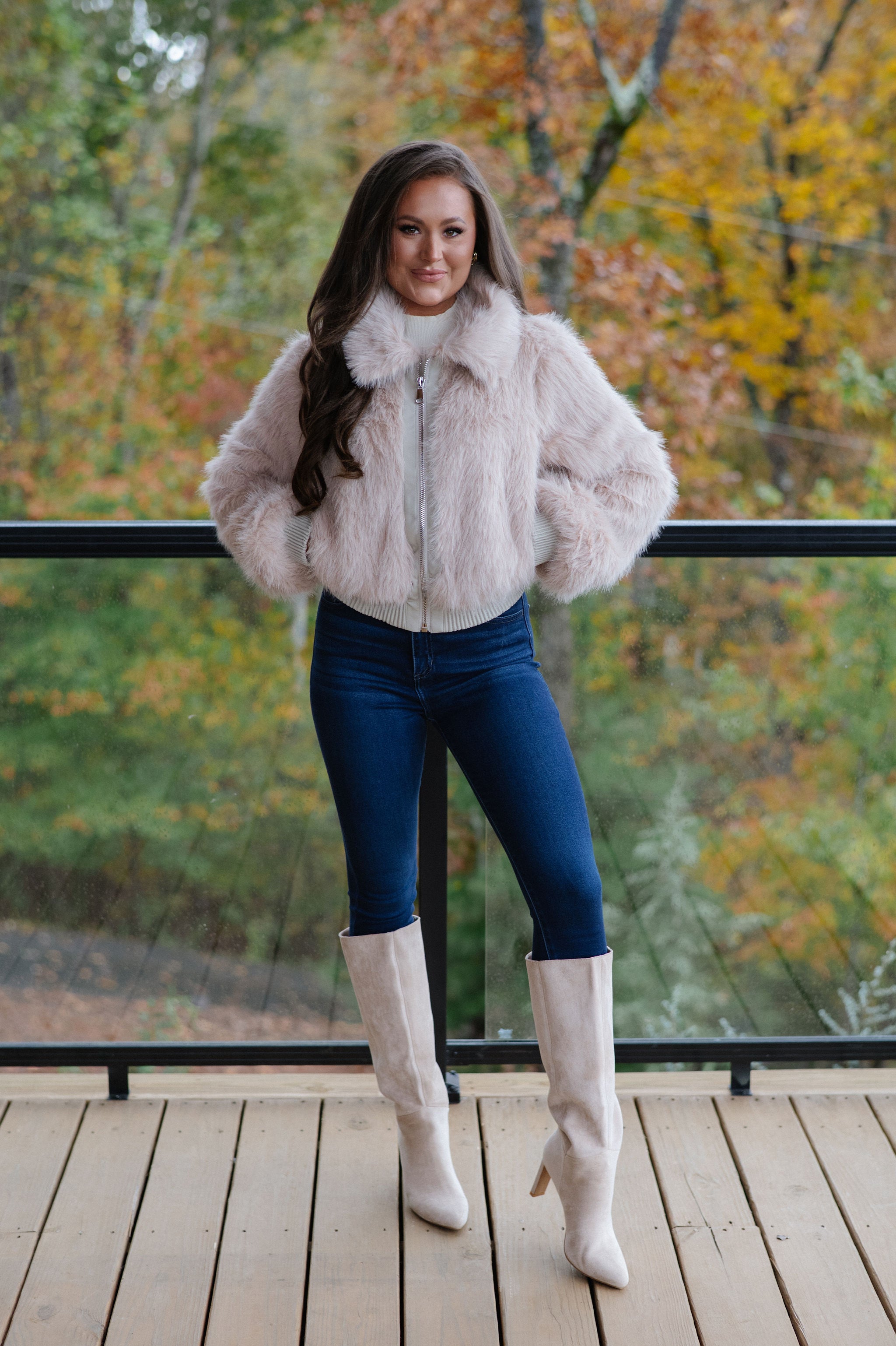 Faux Fur Plush Zippered Jacket-Taupe