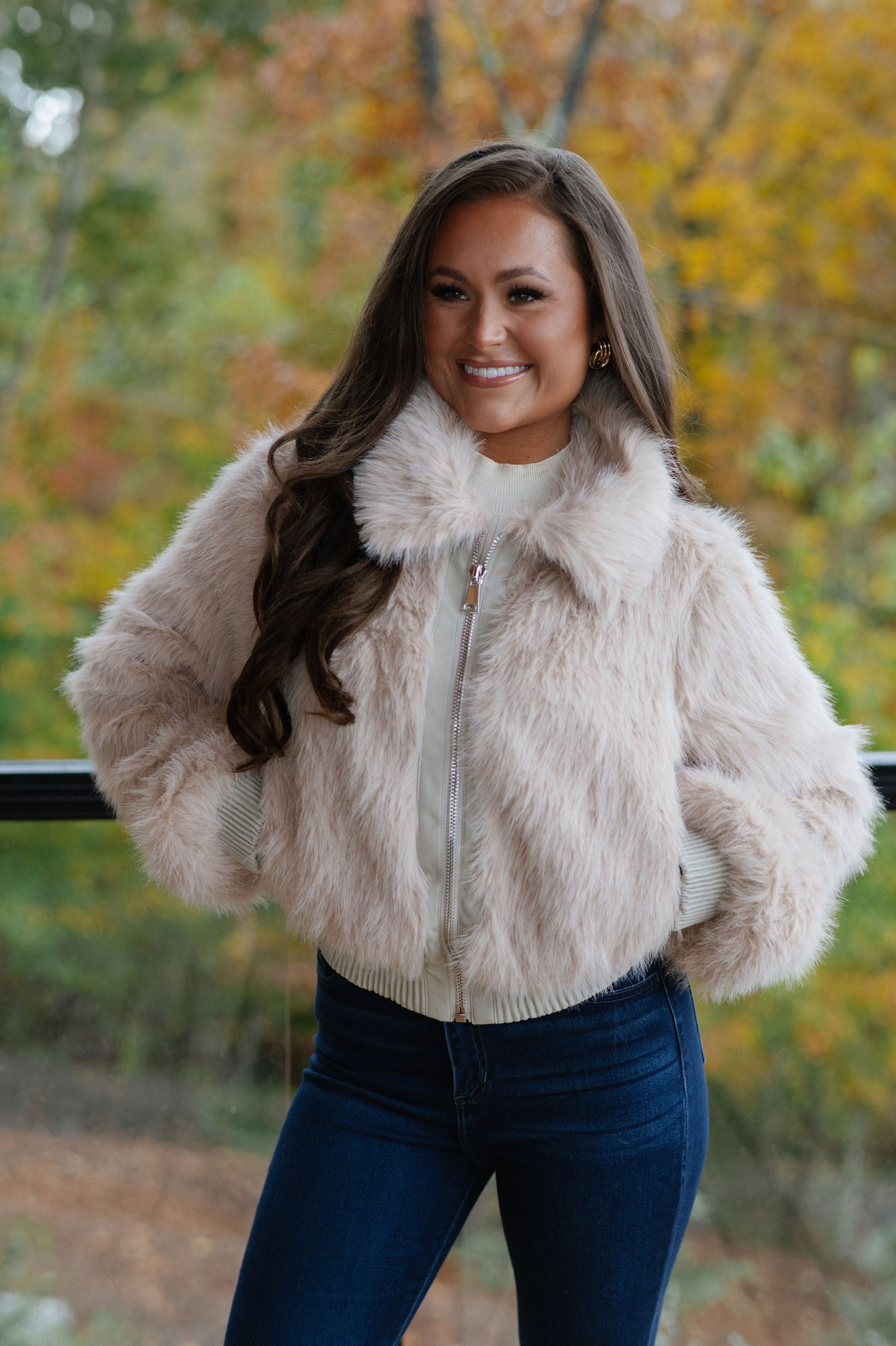 Faux Fur Plush Zippered Jacket-Taupe
