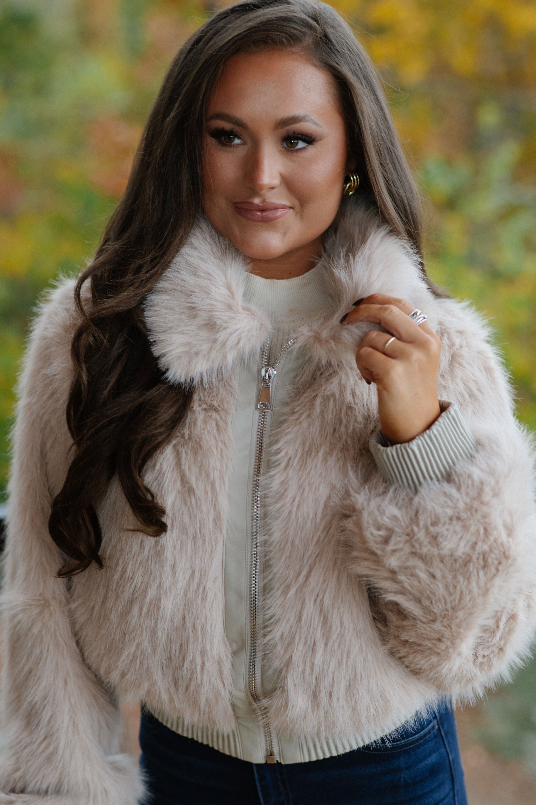 Faux Fur Plush Zippered Jacket-Taupe