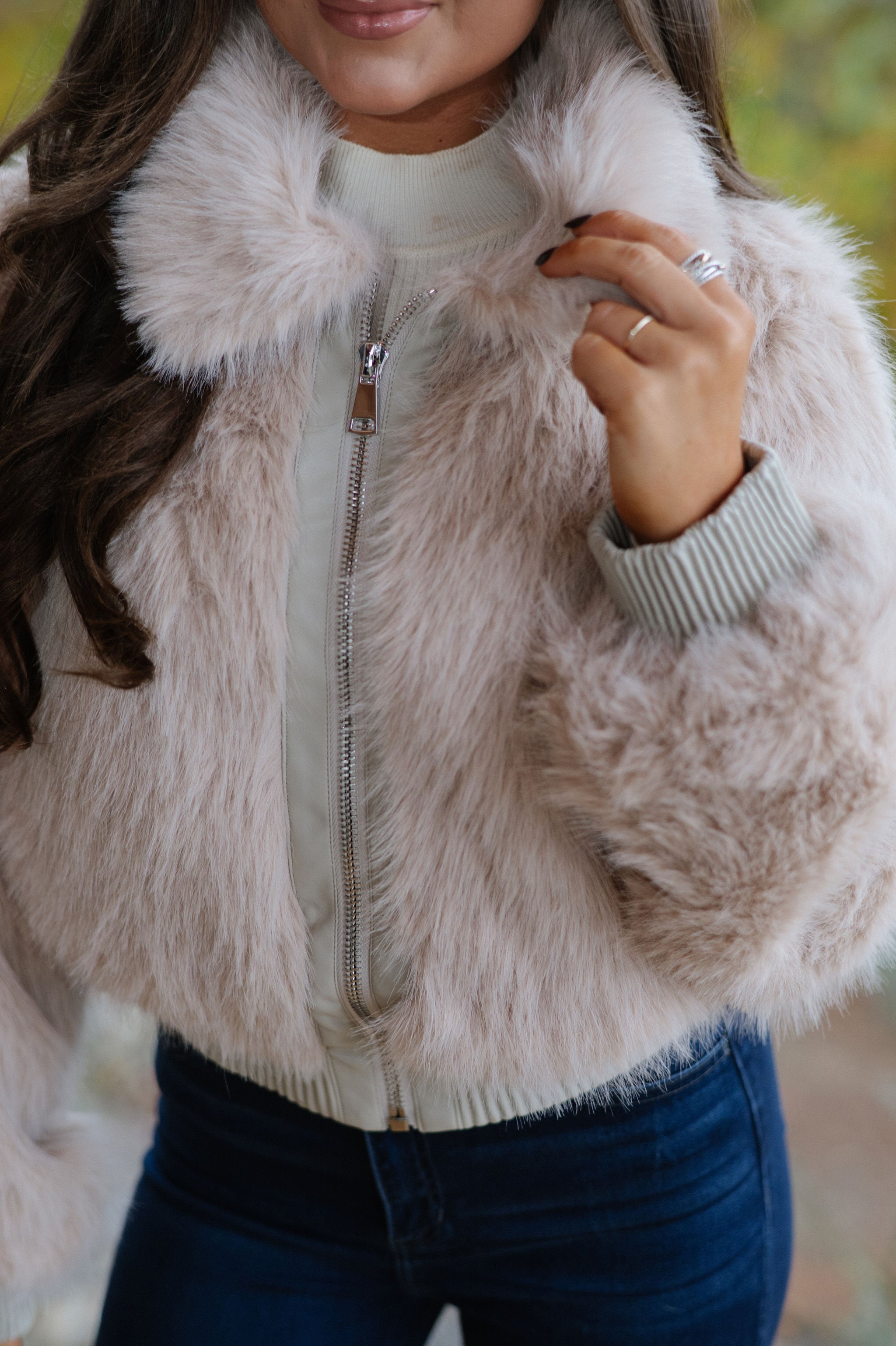 Faux Fur Plush Zippered Jacket-Taupe