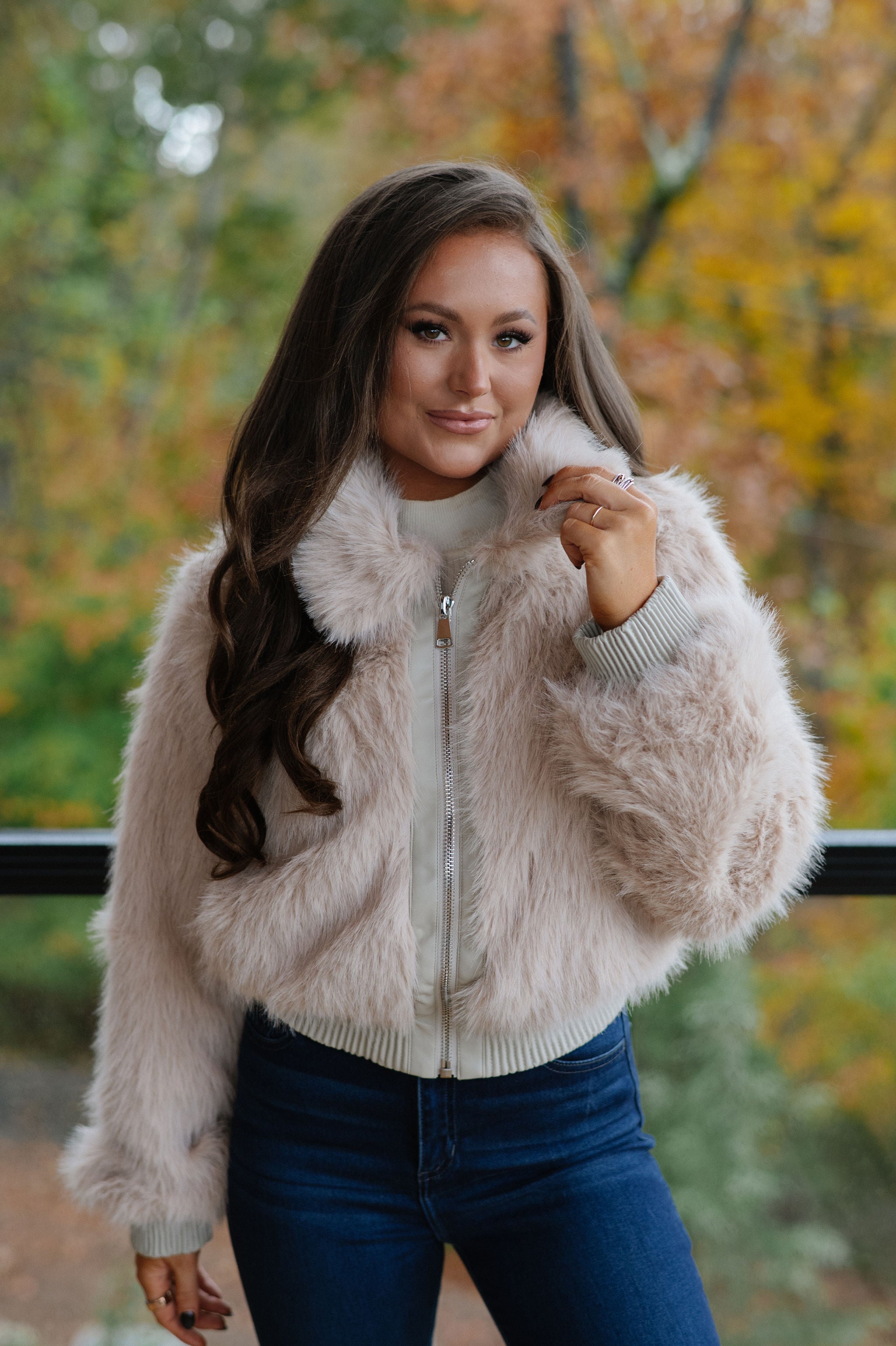 Faux Fur Plush Zippered Jacket-Taupe