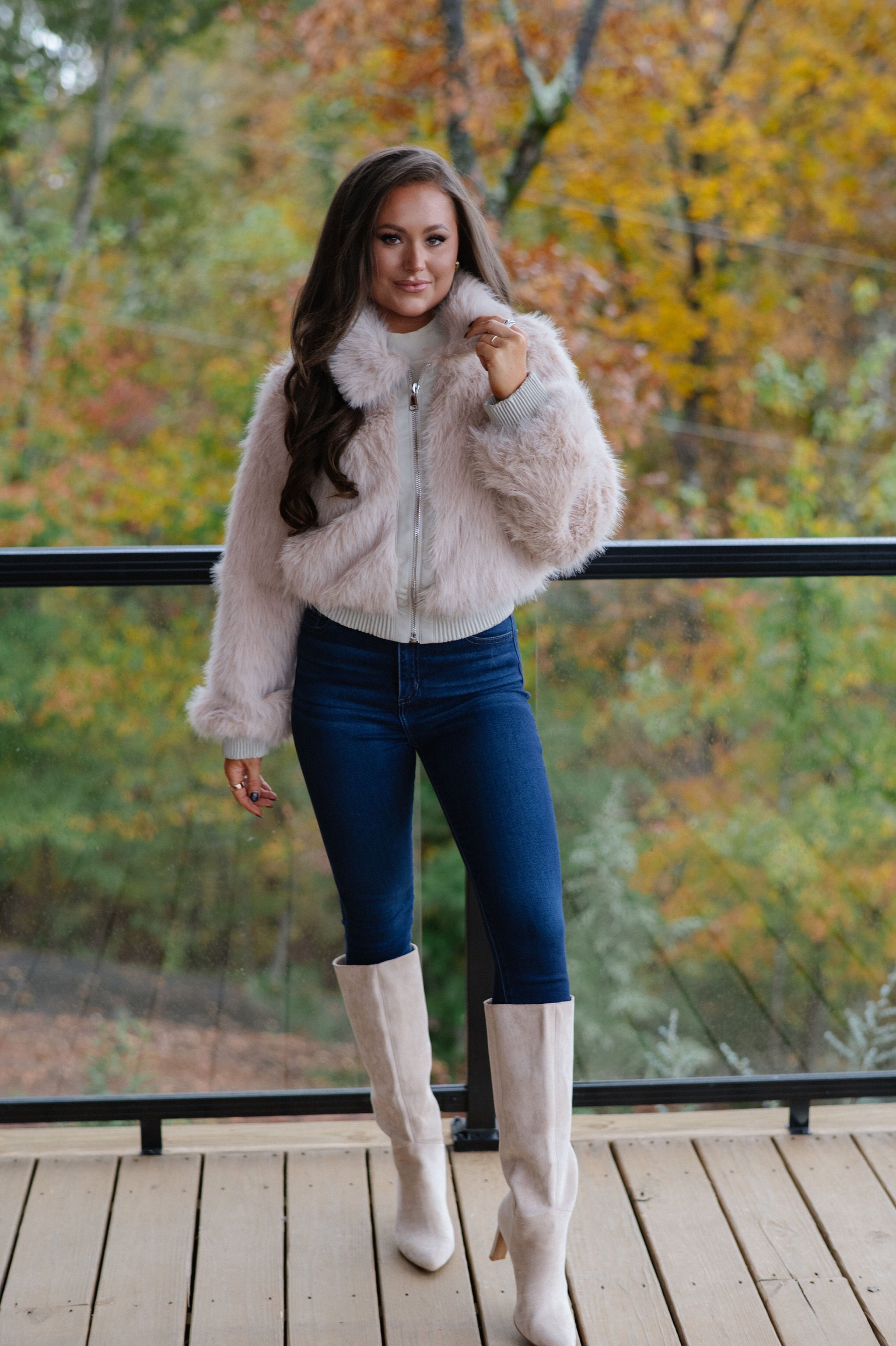 Faux Fur Plush Zippered Jacket-Taupe