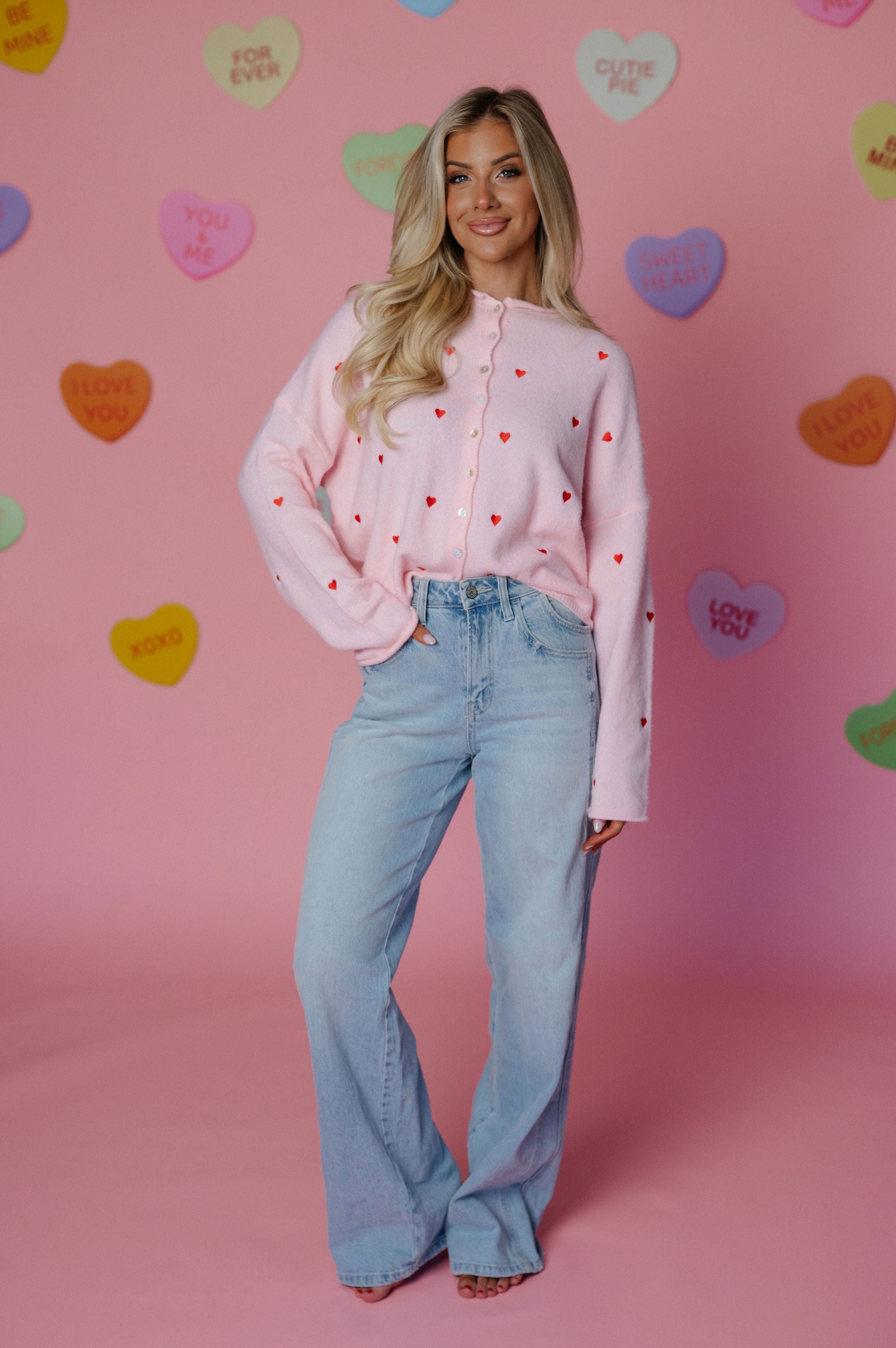 Heart Embroidered Cardigan-Pink/Red