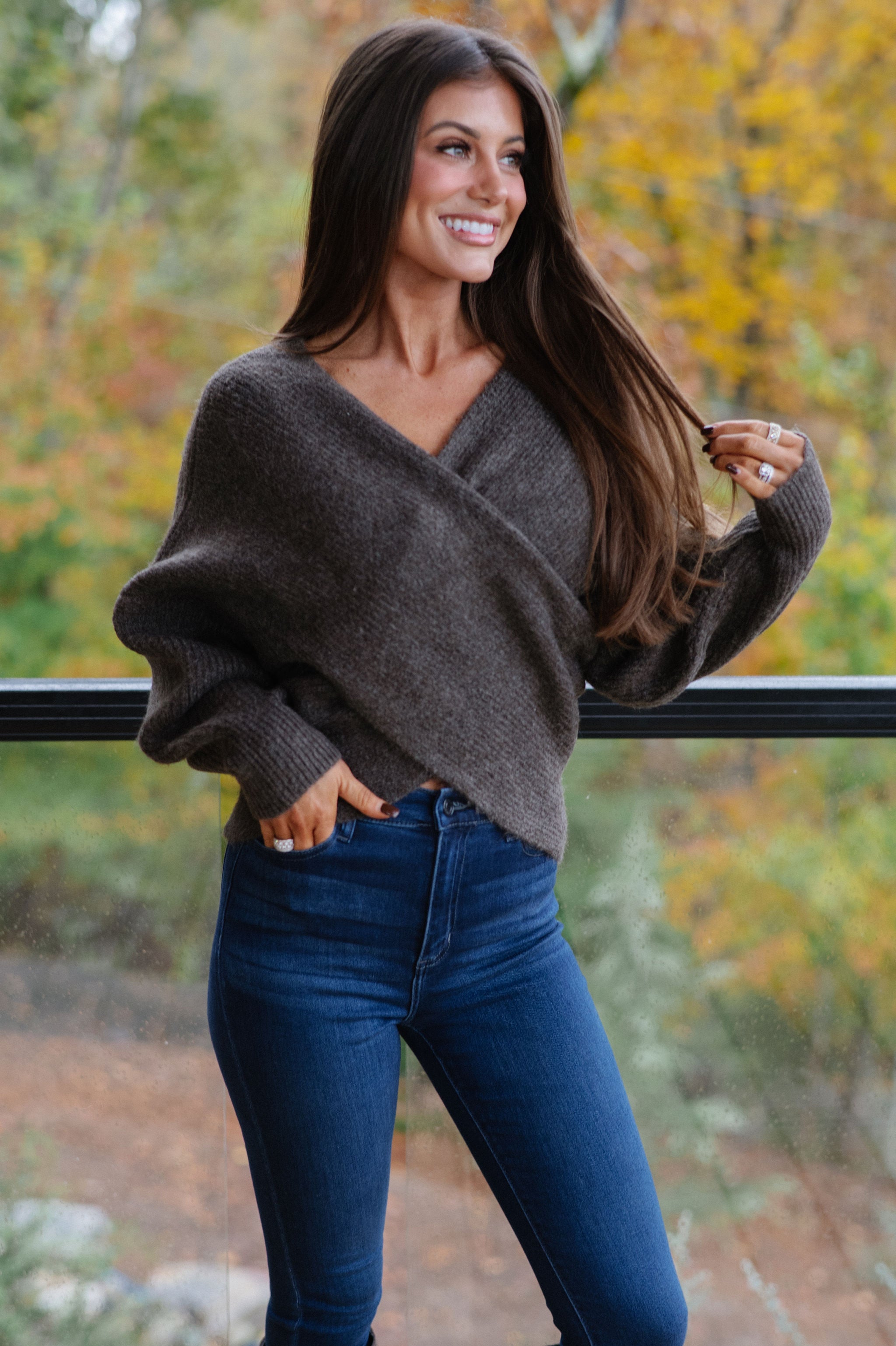 Crossover Ribbed Sweater-Ash Brown