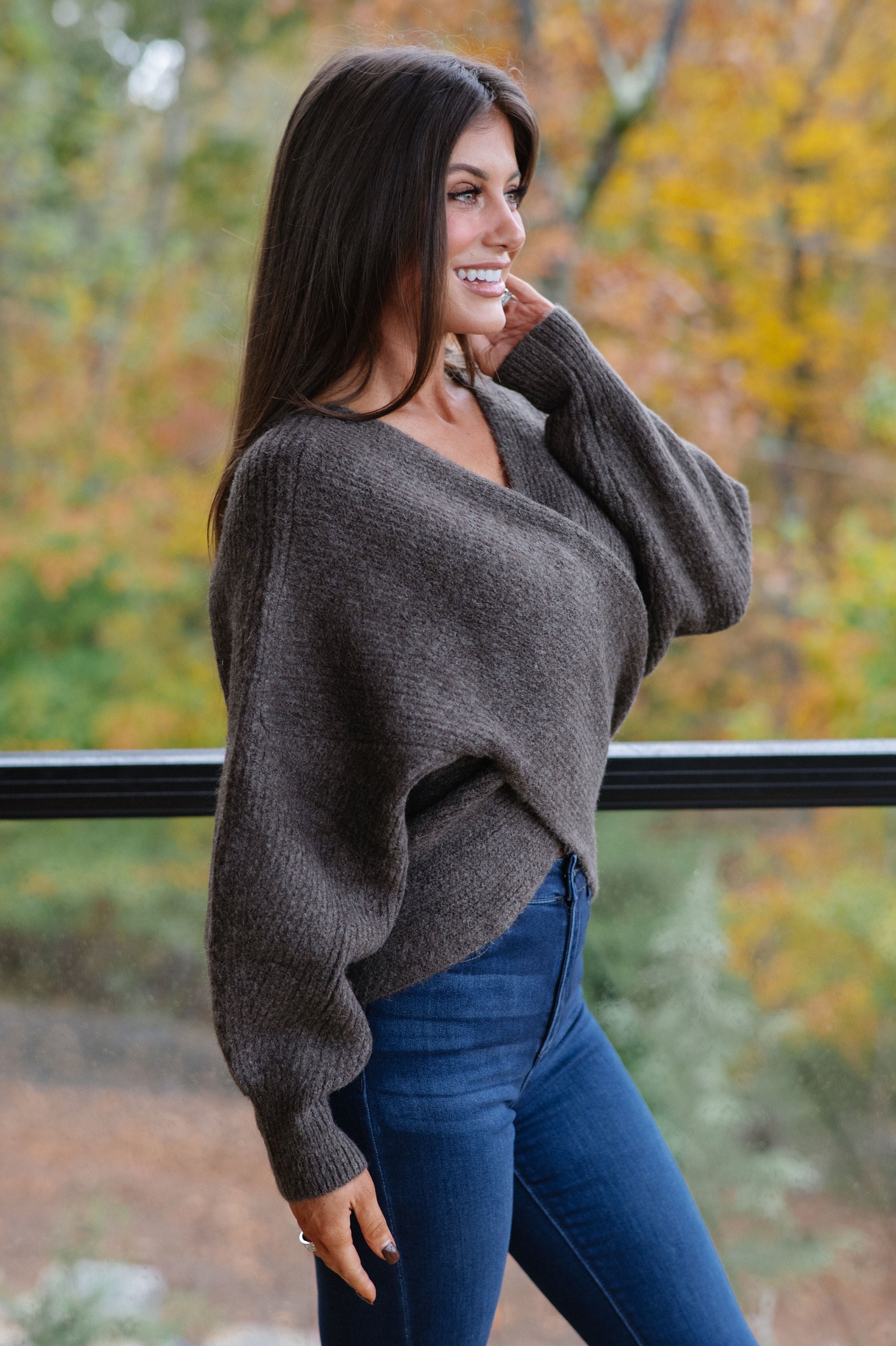 Crossover Ribbed Sweater-Ash Brown