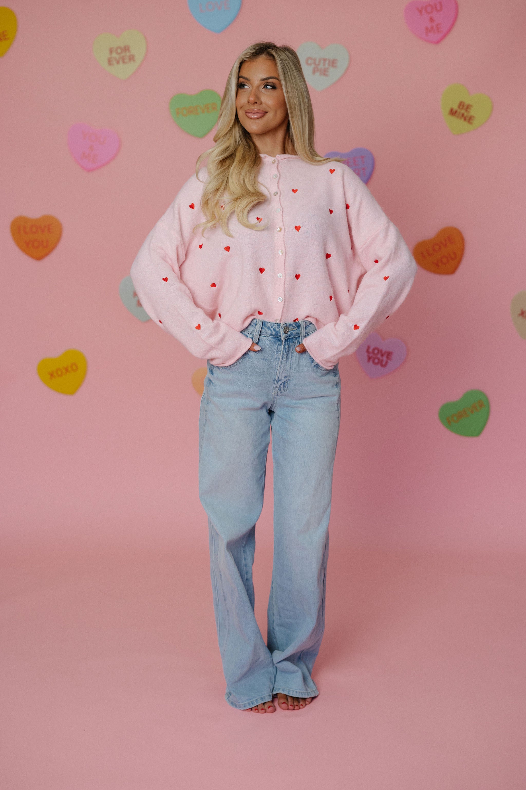 Heart Embroidered Cardigan-Pink/Red