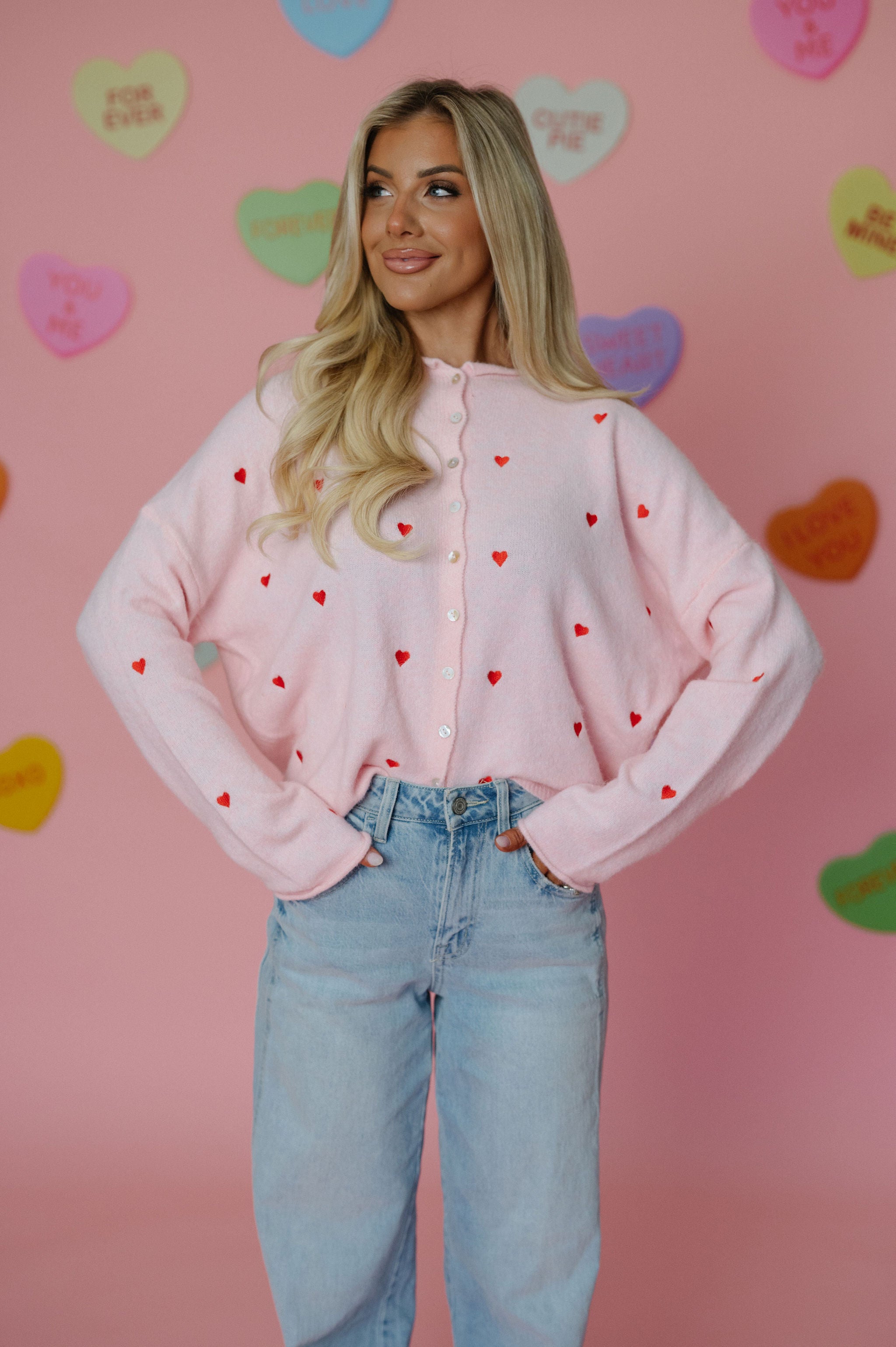 Heart Embroidered Cardigan-Pink/Red